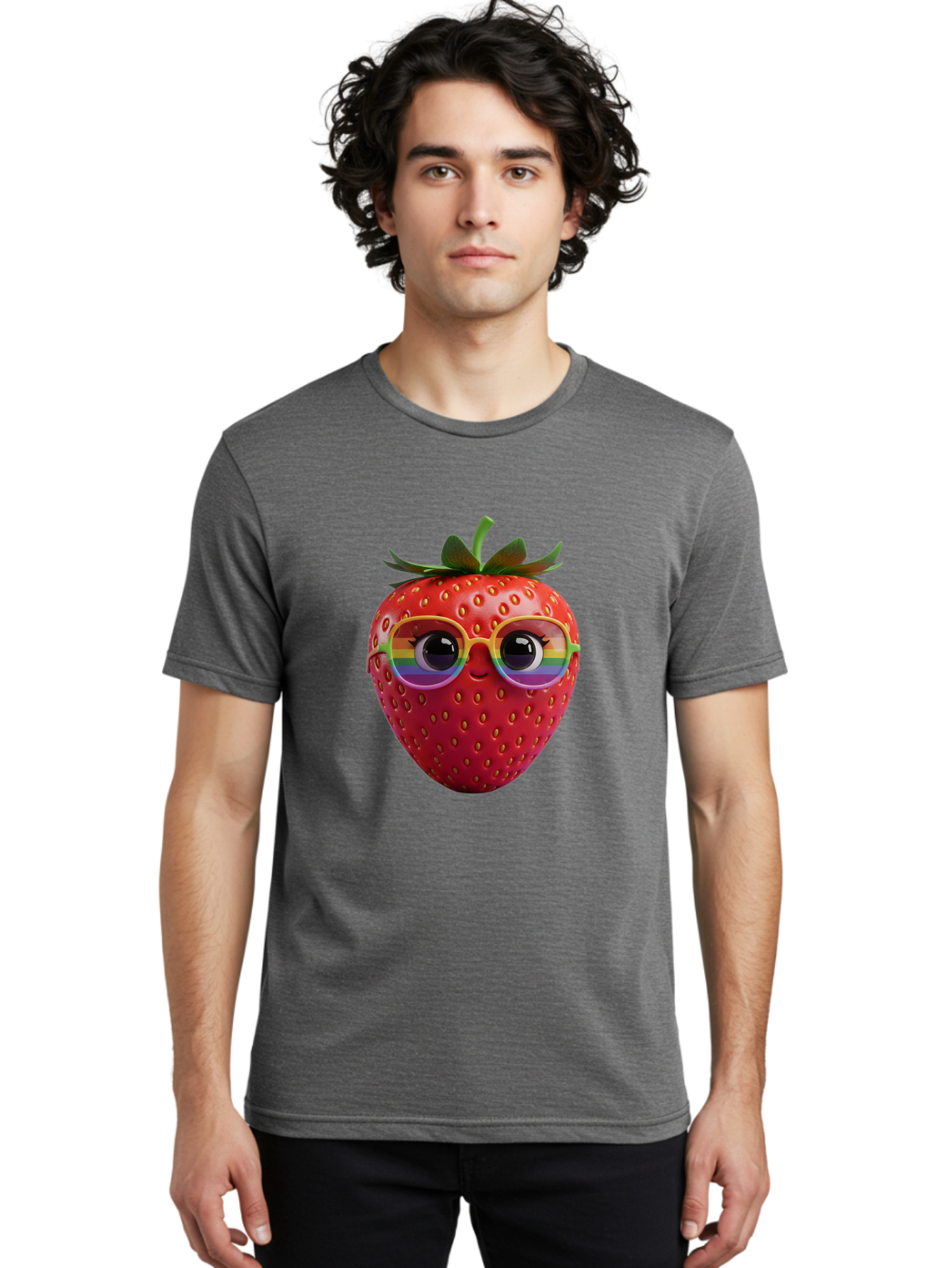 Rainbow-Strawberry Men'S Graphic Tee, 100% Cotton, Comfortable Casual Summer Wear, Machine Washable, Strawberry With Glasses, Rainbow Reflection, Cute Cartoon Character, Fun Fruit, Vibrant Colors, Playful Design, Summer Vibes, Sweet Treat, Bac360
