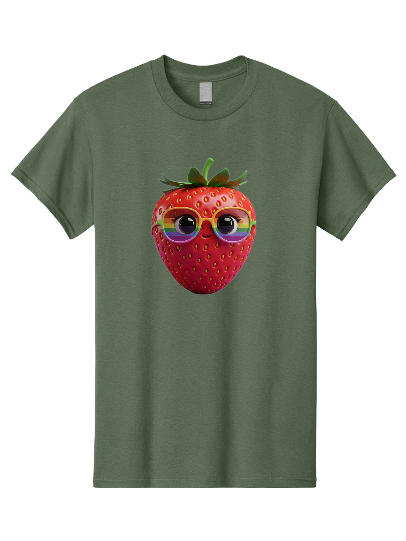 Rainbow-Strawberry Men'S Graphic Tee, 100% Cotton, Comfortable Casual Summer Wear, Machine Washable, Strawberry With Glasses, Rainbow Reflection, Cute Cartoon Character, Fun Fruit, Vibrant Colors, Playful Design, Summer Vibes, Sweet Treat, Bac360