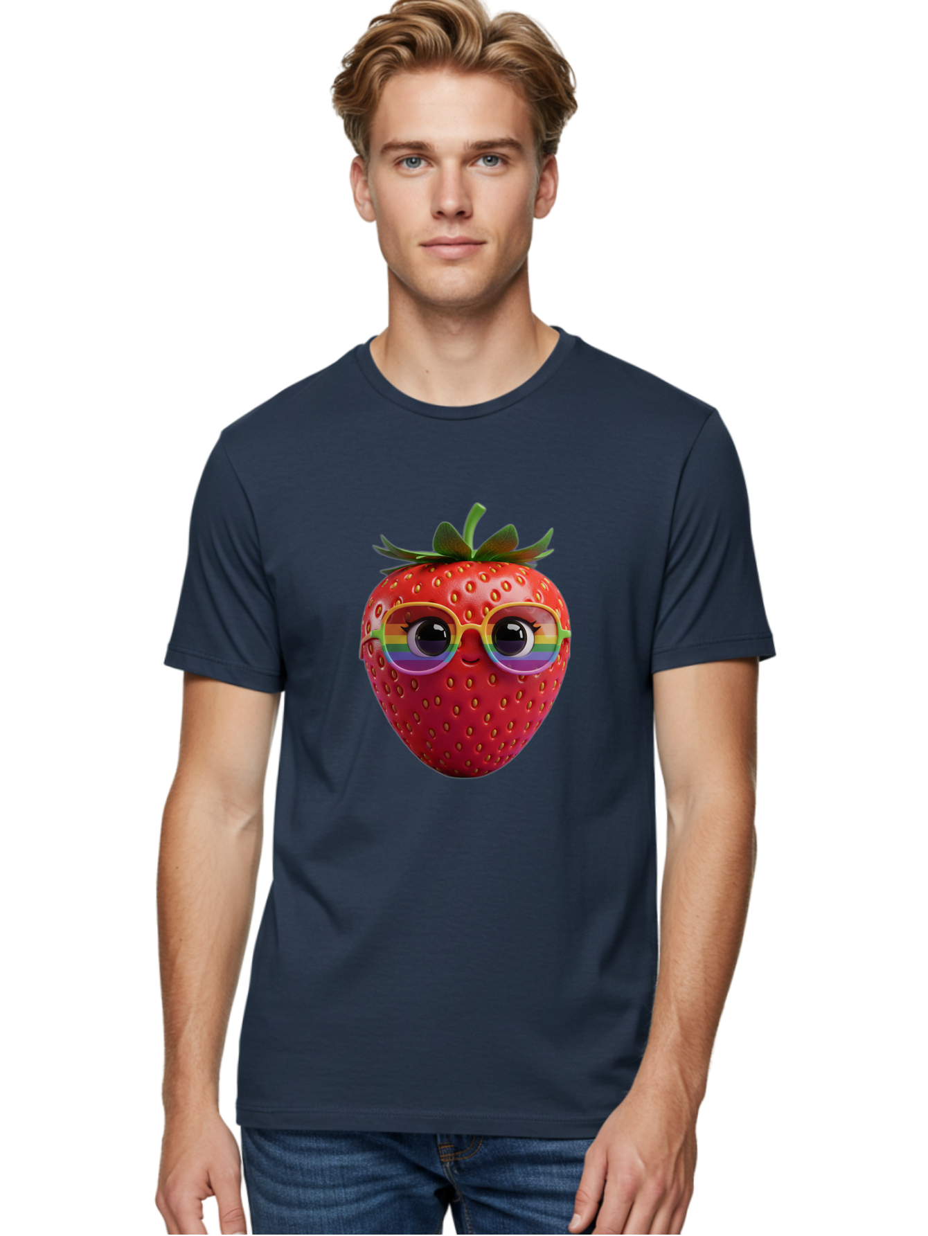 Rainbow-Strawberry Men'S Graphic Tee, 100% Cotton, Comfortable Casual Summer Wear, Machine Washable, Strawberry With Glasses, Rainbow Reflection, Cute Cartoon Character, Fun Fruit, Vibrant Colors, Playful Design, Summer Vibes, Sweet Treat, Bac360