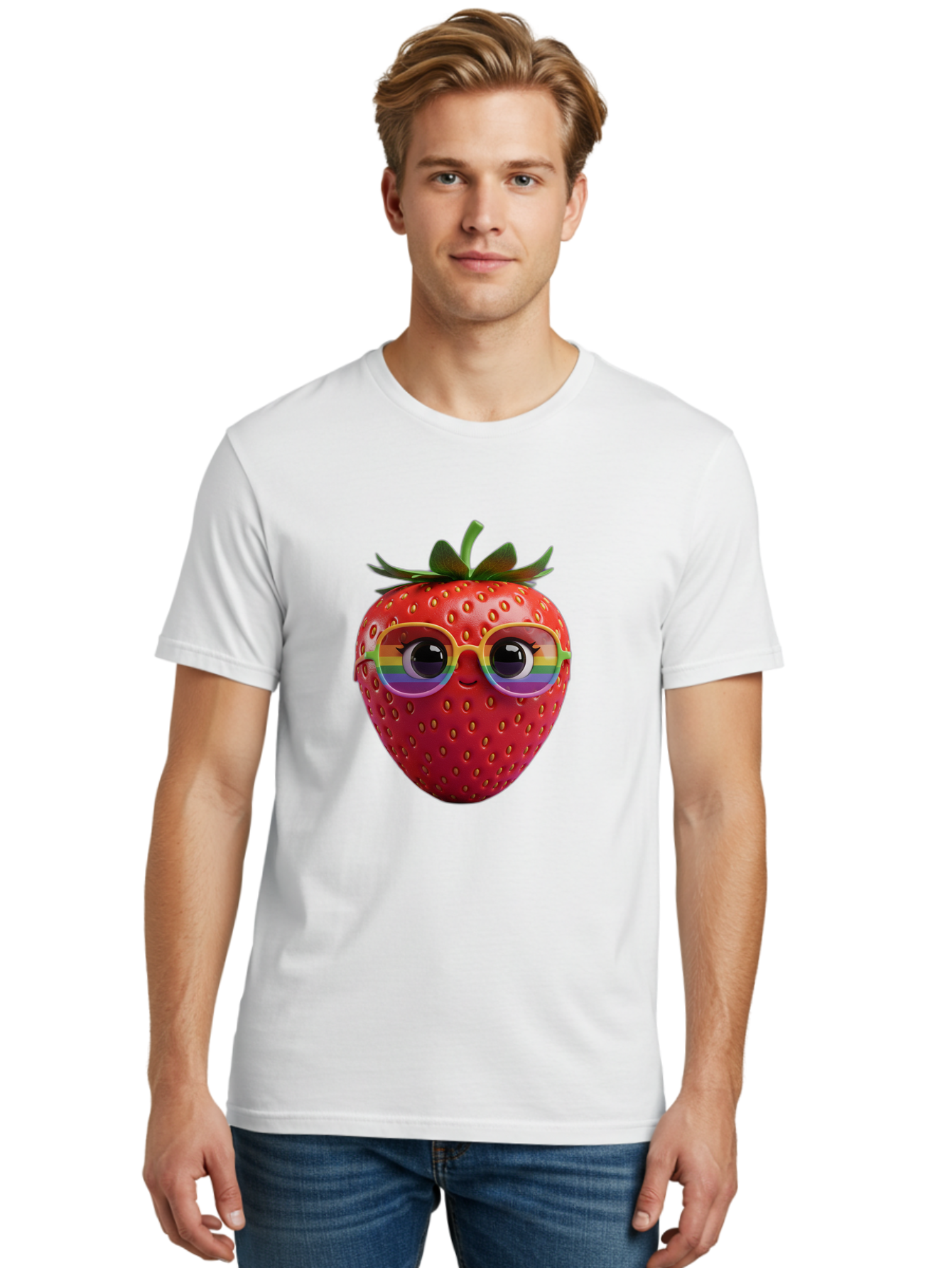 Rainbow-Strawberry Men'S Graphic Tee, 100% Cotton, Comfortable Casual Summer Wear, Machine Washable, Strawberry With Glasses, Rainbow Reflection, Cute Cartoon Character, Fun Fruit, Vibrant Colors, Playful Design, Summer Vibes, Sweet Treat, Bac360