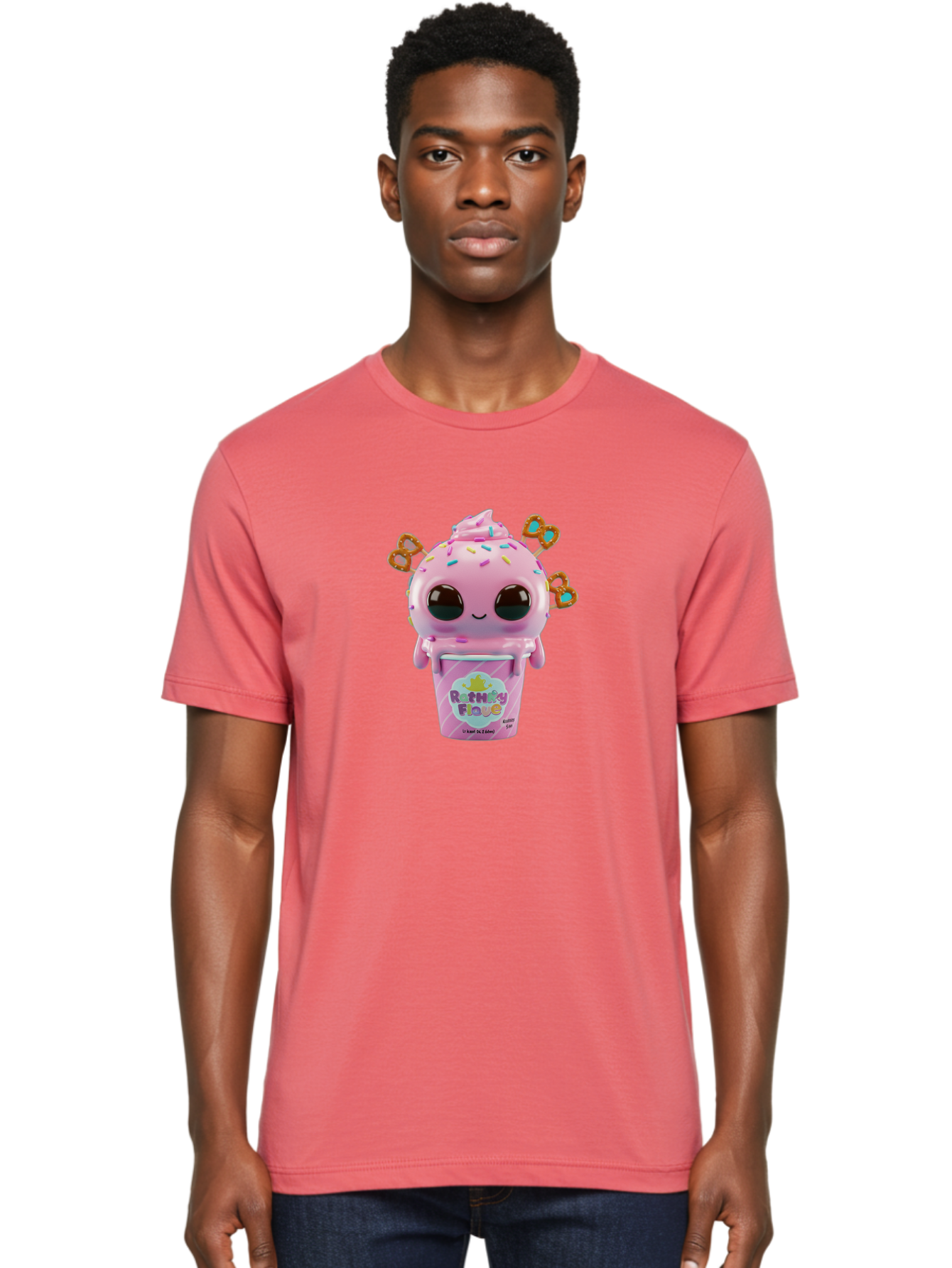 Rattley-Flave Men'S Graphic Tee, 100% Cotton, Comfortable Casual Summer Wear, Machine Washable, Pink Ice Cream, Cartoon Character, Sprinkles, Pretzel, Cute, Sweet Treat, Playful, Ruthy Flave, Colorful, Kawaii Bac361