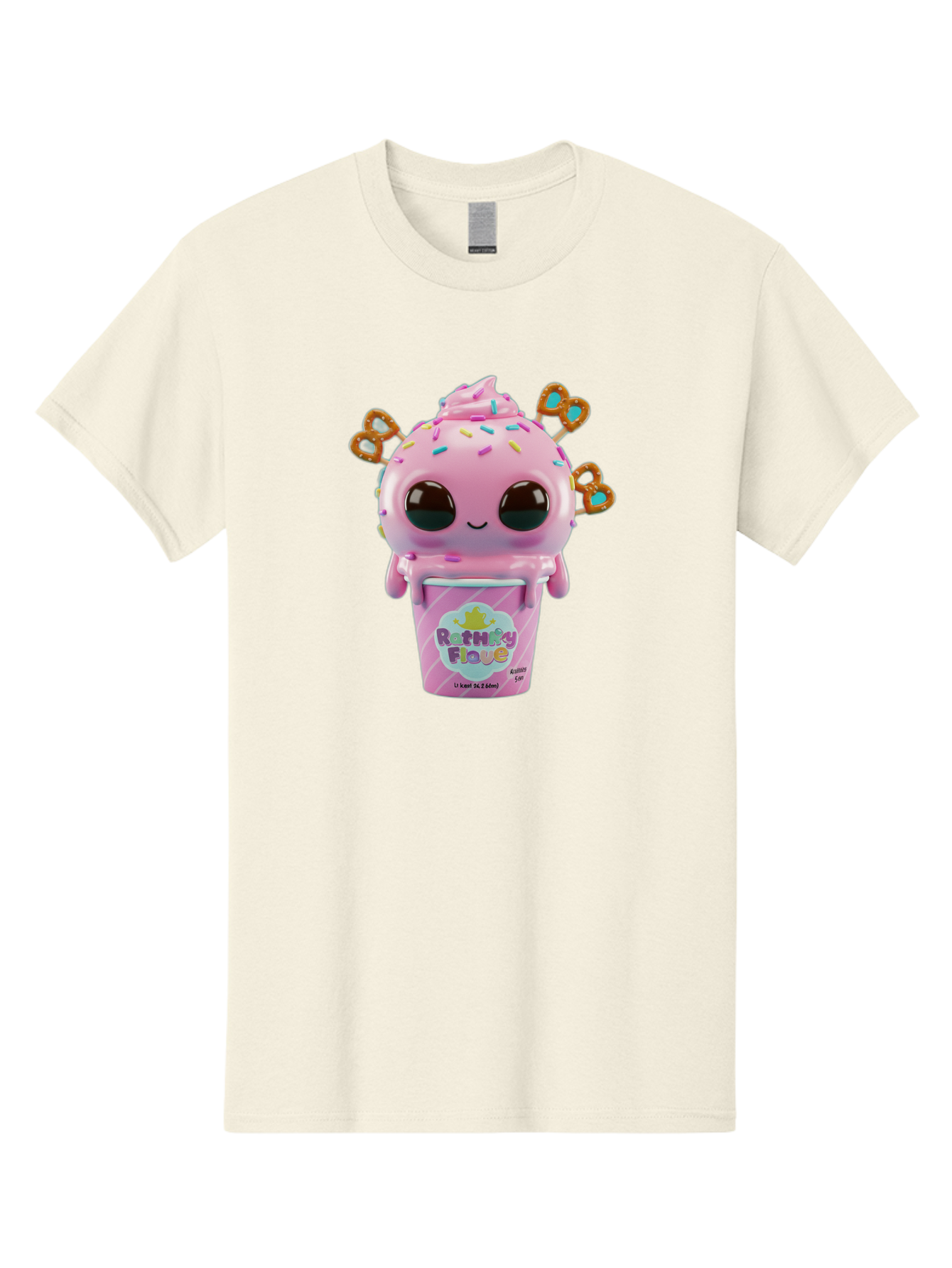 Rattley-Flave Men'S Graphic Tee, 100% Cotton, Comfortable Casual Summer Wear, Machine Washable, Pink Ice Cream, Cartoon Character, Sprinkles, Pretzel, Cute, Sweet Treat, Playful, Ruthy Flave, Colorful, Kawaii Bac361