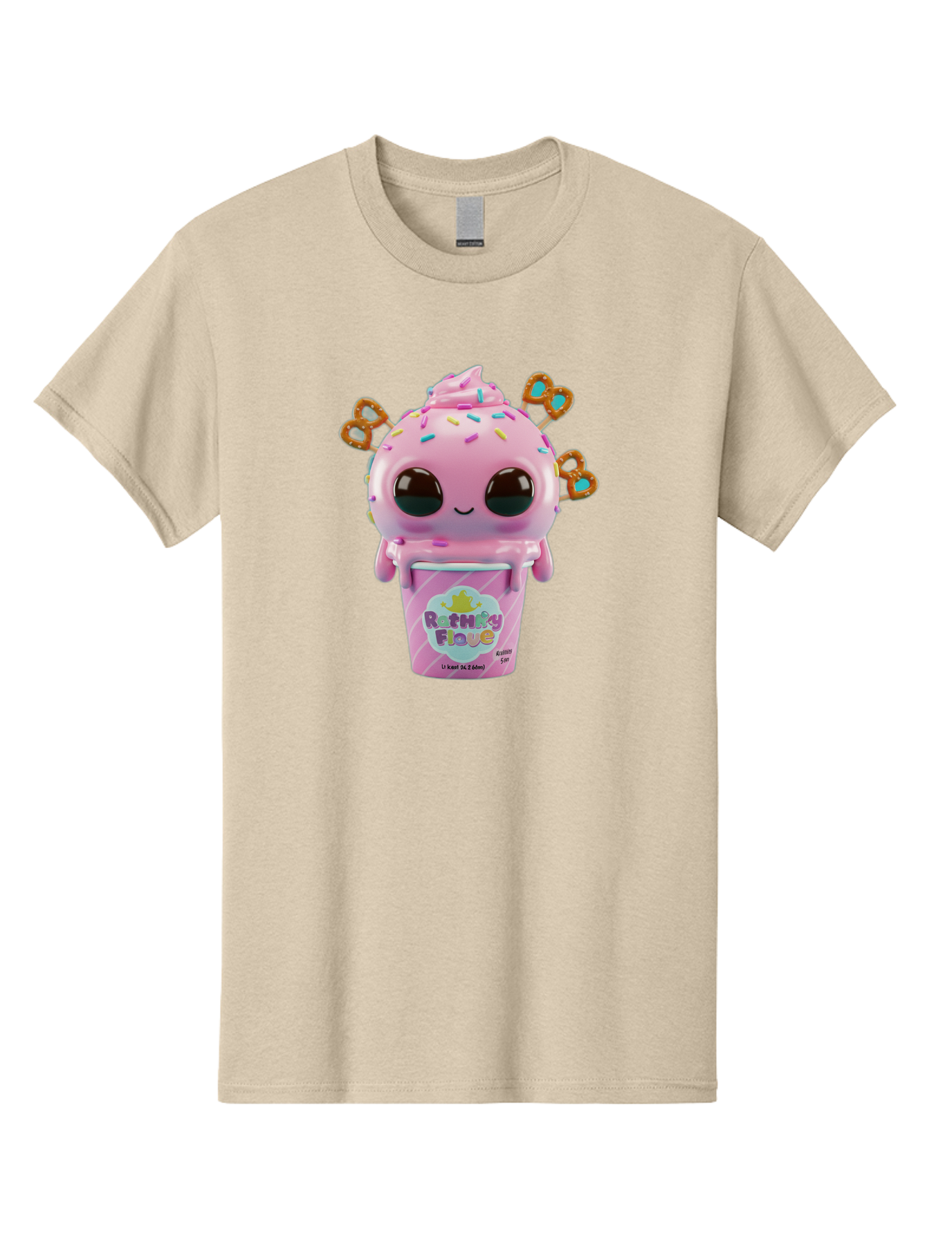 Rattley-Flave Men'S Graphic Tee, 100% Cotton, Comfortable Casual Summer Wear, Machine Washable, Pink Ice Cream, Cartoon Character, Sprinkles, Pretzel, Cute, Sweet Treat, Playful, Ruthy Flave, Colorful, Kawaii Bac361