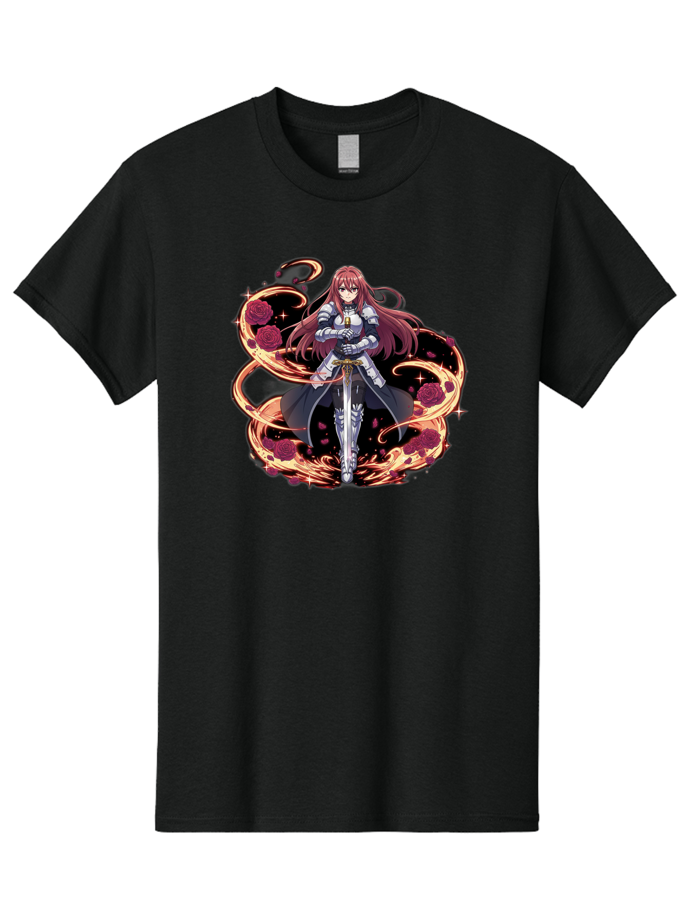 Red-Haired-Knight Men'S Graphic Tee, 100% Cotton, Comfortable Casual Summer Wear, Machine Washable, Female Knight, Long Red Hair, Silver Armor, Sword, Roses, Golden Swirls, Fantasy Art, Anime Style, Dark Roses, Medieval Warrior, Bac363