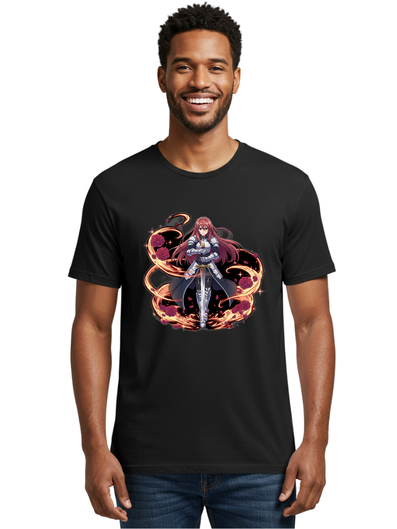 Red-Haired-Knight Men'S Graphic Tee, 100% Cotton, Comfortable Casual Summer Wear, Machine Washable, Female Knight, Long Red Hair, Silver Armor, Sword, Roses, Golden Swirls, Fantasy Art, Anime Style, Dark Roses, Medieval Warrior, Bac363
