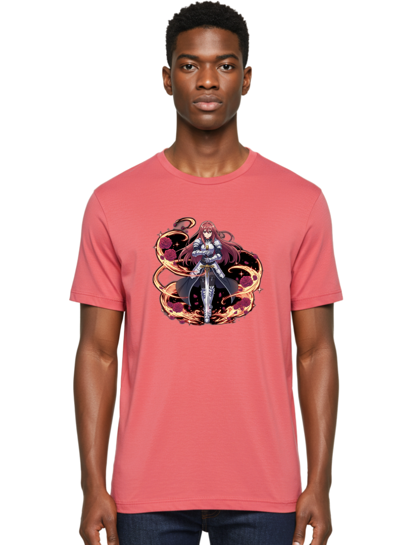 Red-Haired-Knight Men'S Graphic Tee, 100% Cotton, Comfortable Casual Summer Wear, Machine Washable, Female Knight, Long Red Hair, Silver Armor, Sword, Roses, Golden Swirls, Fantasy Art, Anime Style, Dark Roses, Medieval Warrior, Bac363