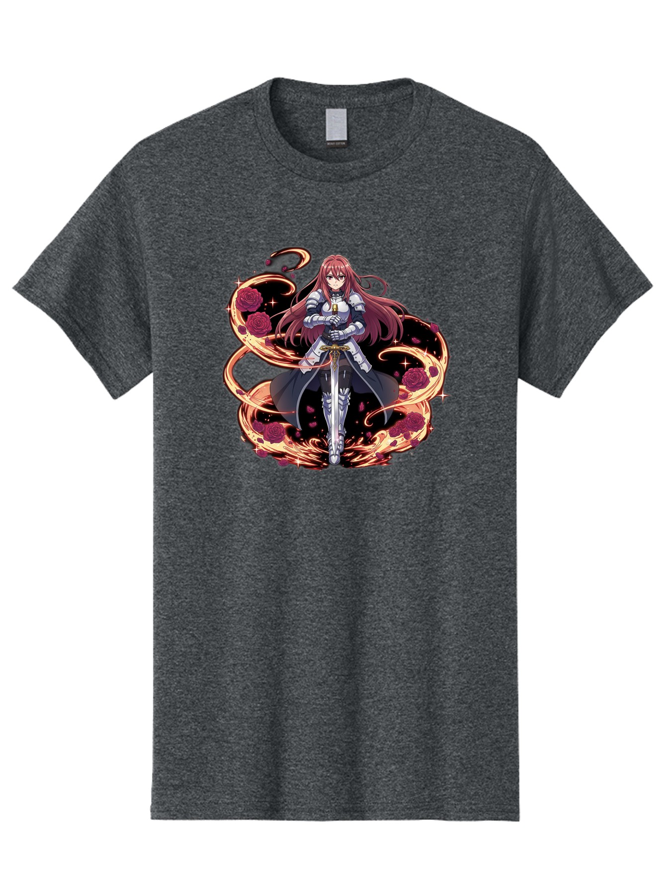 Red-Haired-Knight Men'S Graphic Tee, 100% Cotton, Comfortable Casual Summer Wear, Machine Washable, Female Knight, Long Red Hair, Silver Armor, Sword, Roses, Golden Swirls, Fantasy Art, Anime Style, Dark Roses, Medieval Warrior, Bac363