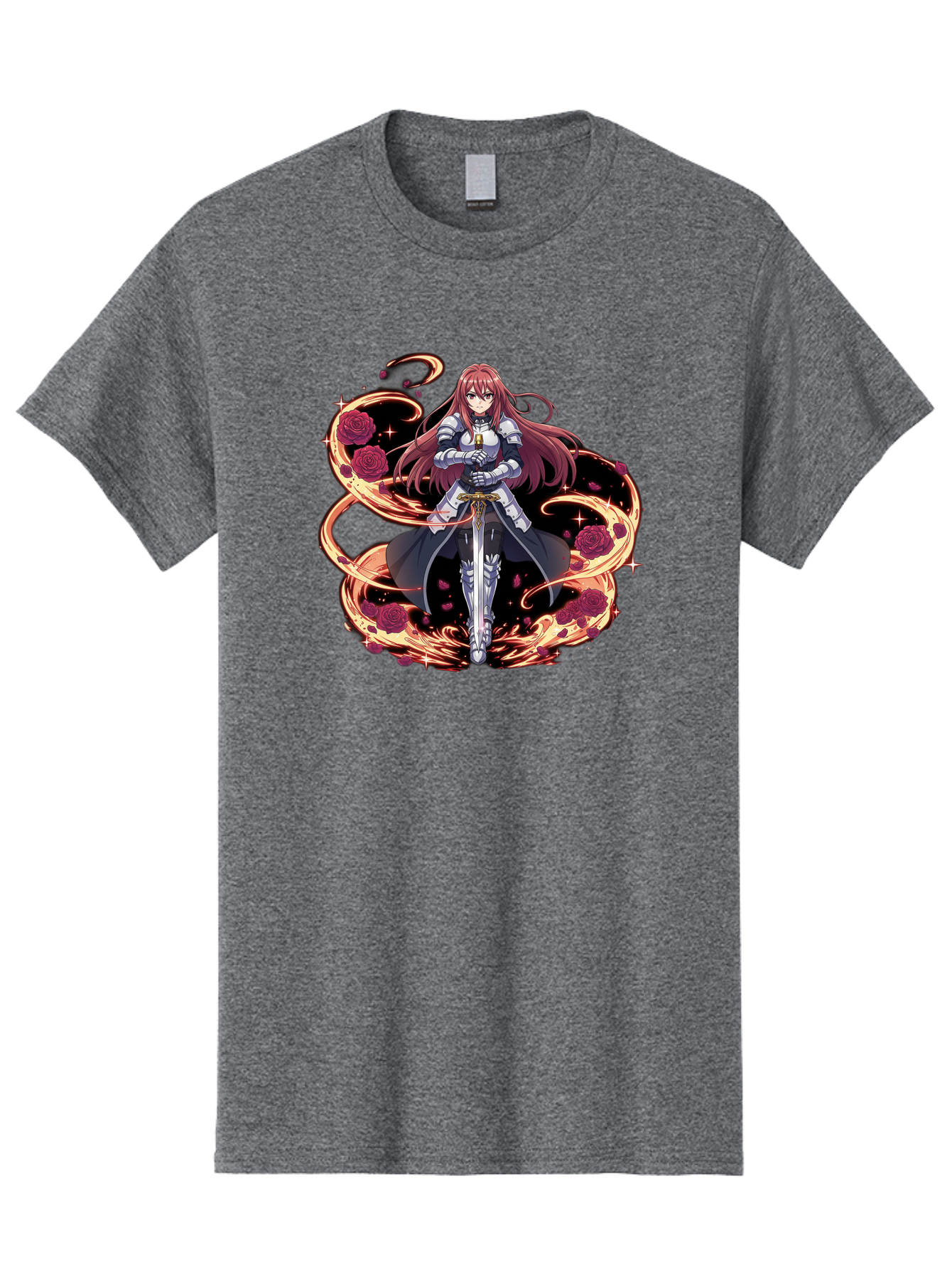 Red-Haired-Knight Men'S Graphic Tee, 100% Cotton, Comfortable Casual Summer Wear, Machine Washable, Female Knight, Long Red Hair, Silver Armor, Sword, Roses, Golden Swirls, Fantasy Art, Anime Style, Dark Roses, Medieval Warrior, Bac363