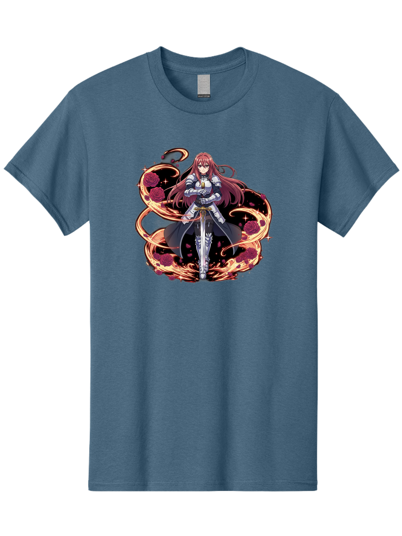Red-Haired-Knight Men'S Graphic Tee, 100% Cotton, Comfortable Casual Summer Wear, Machine Washable, Female Knight, Long Red Hair, Silver Armor, Sword, Roses, Golden Swirls, Fantasy Art, Anime Style, Dark Roses, Medieval Warrior, Bac363