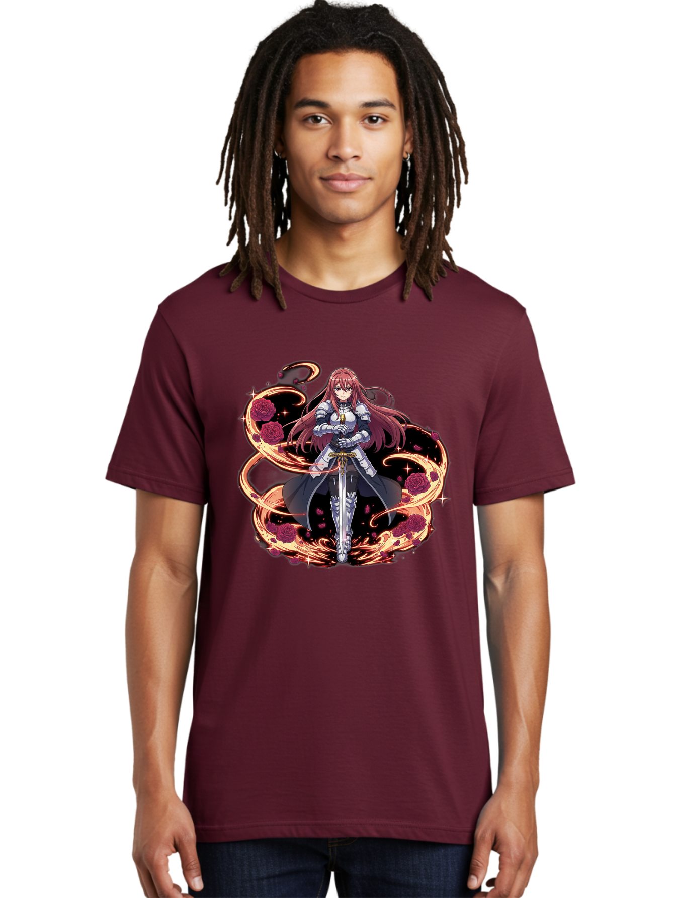 Red-Haired-Knight Men'S Graphic Tee, 100% Cotton, Comfortable Casual Summer Wear, Machine Washable, Female Knight, Long Red Hair, Silver Armor, Sword, Roses, Golden Swirls, Fantasy Art, Anime Style, Dark Roses, Medieval Warrior, Bac363