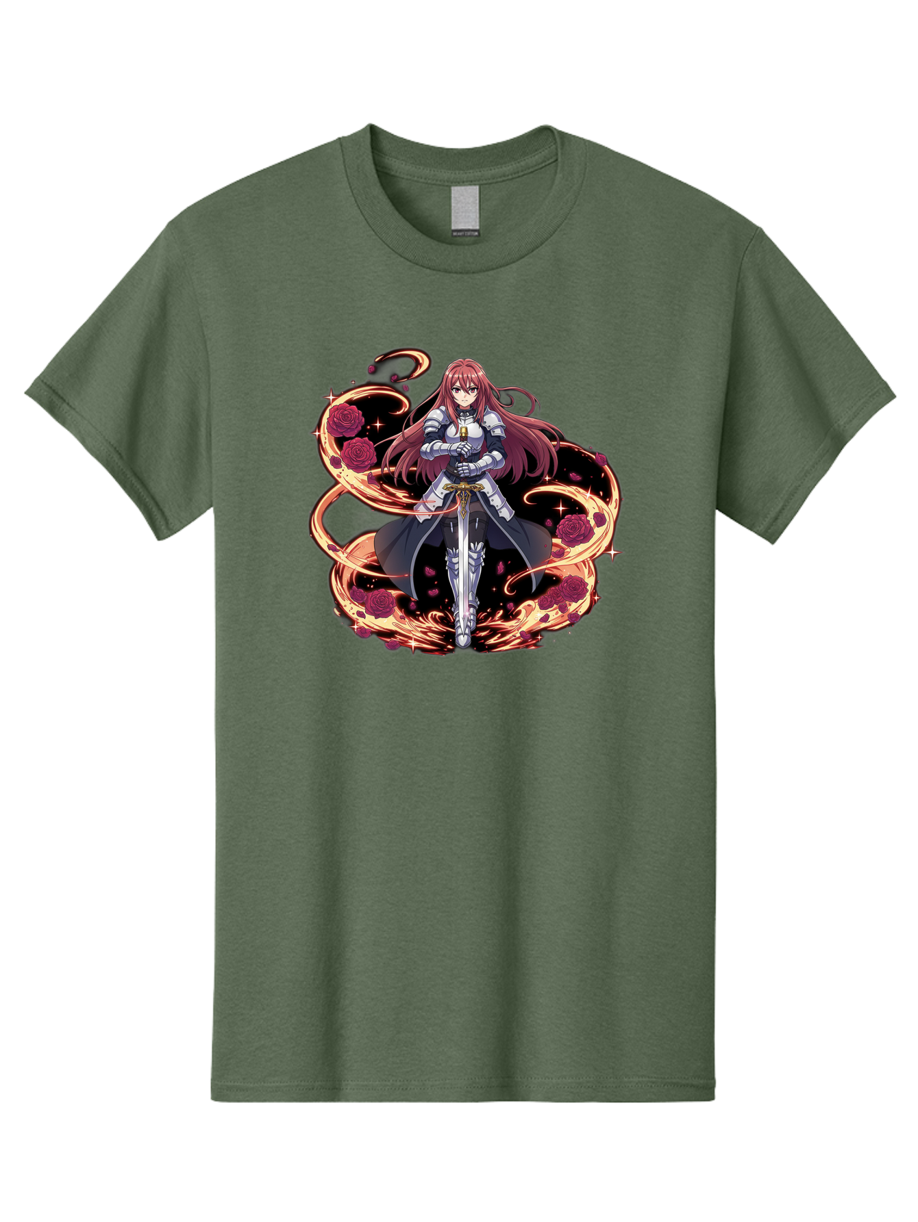 Red-Haired-Knight Men'S Graphic Tee, 100% Cotton, Comfortable Casual Summer Wear, Machine Washable, Female Knight, Long Red Hair, Silver Armor, Sword, Roses, Golden Swirls, Fantasy Art, Anime Style, Dark Roses, Medieval Warrior, Bac363