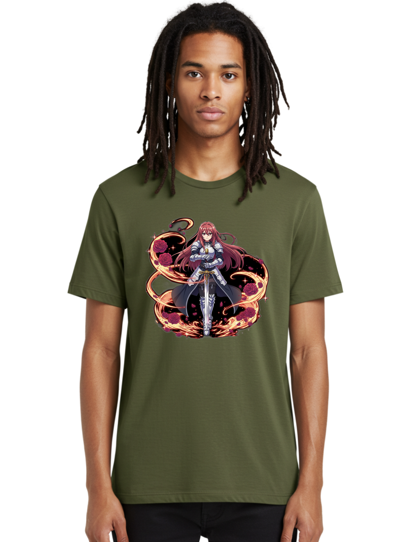 Red-Haired-Knight Men'S Graphic Tee, 100% Cotton, Comfortable Casual Summer Wear, Machine Washable, Female Knight, Long Red Hair, Silver Armor, Sword, Roses, Golden Swirls, Fantasy Art, Anime Style, Dark Roses, Medieval Warrior, Bac363