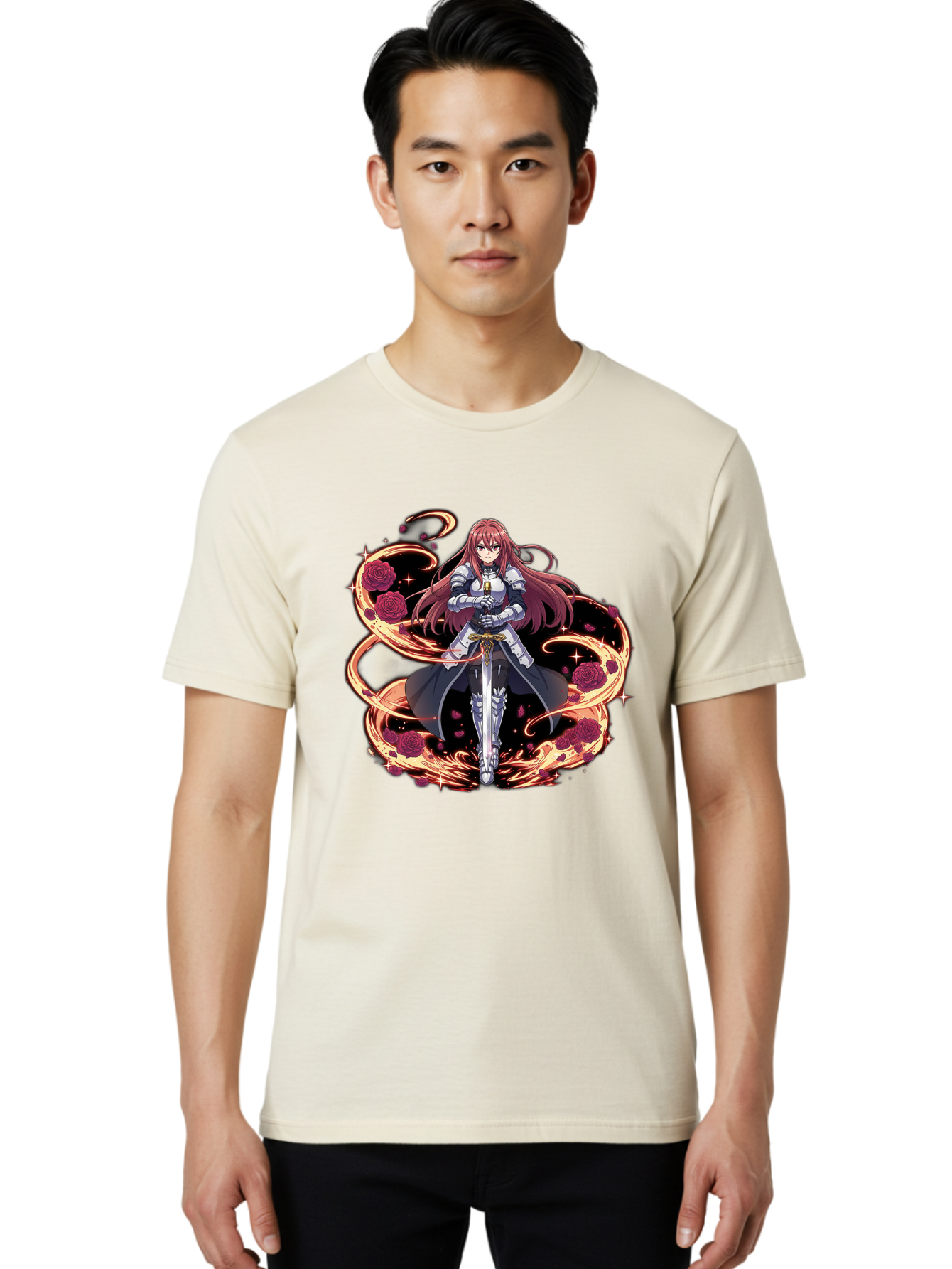 Red-Haired-Knight Men'S Graphic Tee, 100% Cotton, Comfortable Casual Summer Wear, Machine Washable, Female Knight, Long Red Hair, Silver Armor, Sword, Roses, Golden Swirls, Fantasy Art, Anime Style, Dark Roses, Medieval Warrior, Bac363