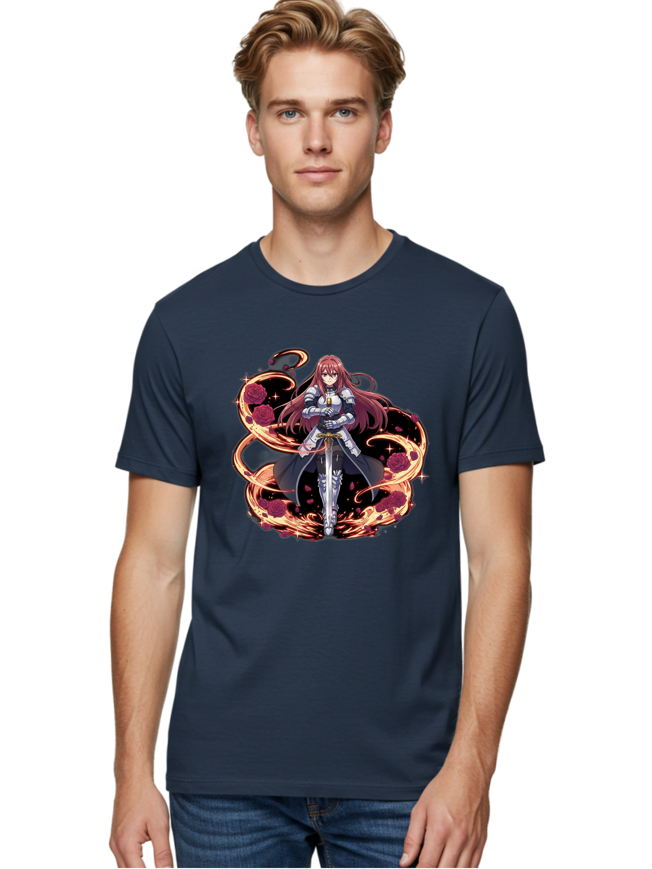 Red-Haired-Knight Men'S Graphic Tee, 100% Cotton, Comfortable Casual Summer Wear, Machine Washable, Female Knight, Long Red Hair, Silver Armor, Sword, Roses, Golden Swirls, Fantasy Art, Anime Style, Dark Roses, Medieval Warrior, Bac363
