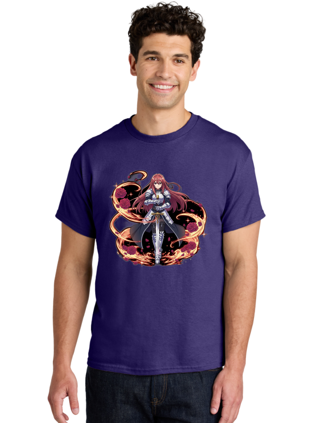 Red-Haired-Knight Men'S Graphic Tee, 100% Cotton, Comfortable Casual Summer Wear, Machine Washable, Female Knight, Long Red Hair, Silver Armor, Sword, Roses, Golden Swirls, Fantasy Art, Anime Style, Dark Roses, Medieval Warrior, Bac363