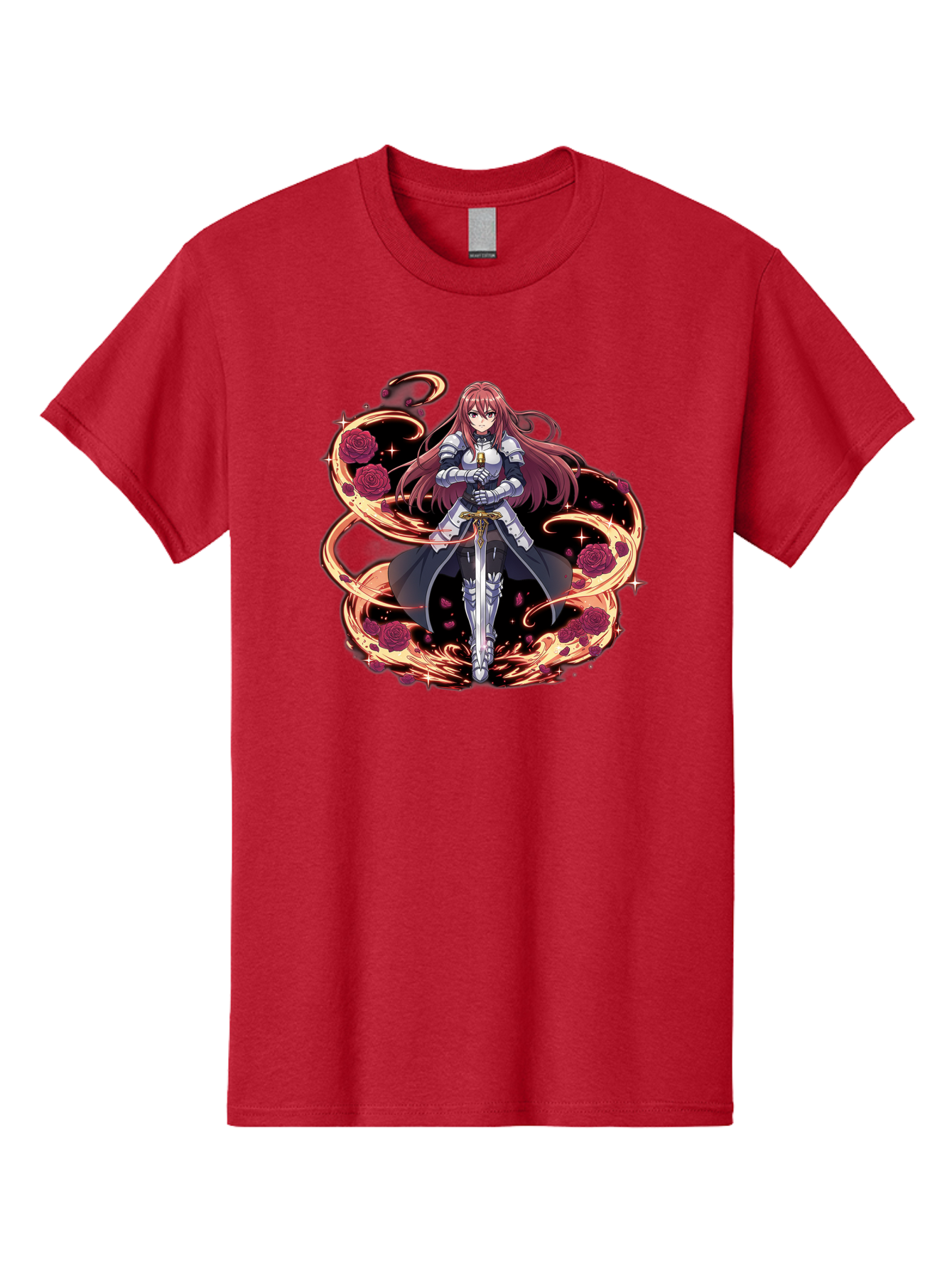 Red-Haired-Knight Men'S Graphic Tee, 100% Cotton, Comfortable Casual Summer Wear, Machine Washable, Female Knight, Long Red Hair, Silver Armor, Sword, Roses, Golden Swirls, Fantasy Art, Anime Style, Dark Roses, Medieval Warrior, Bac363