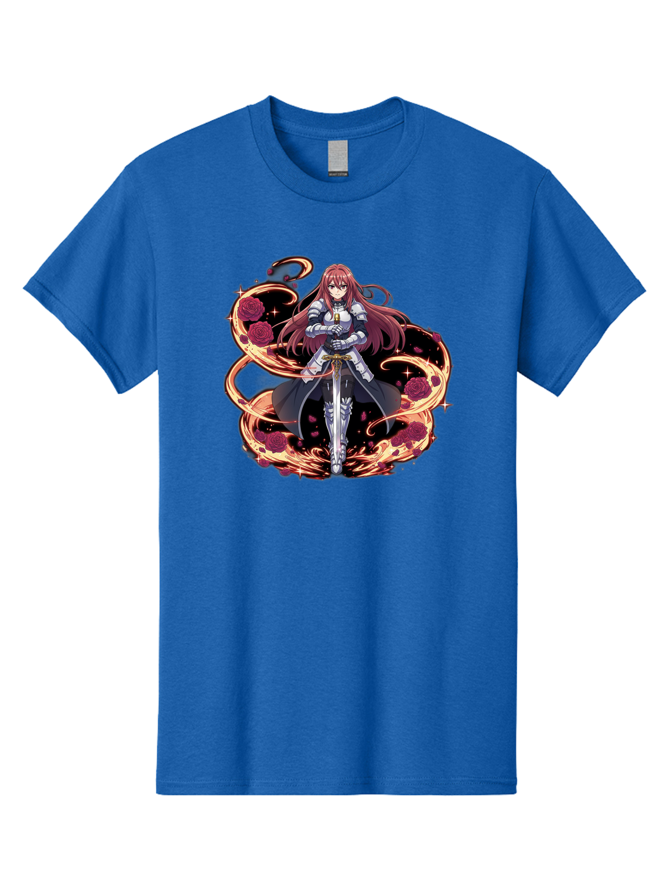 Red-Haired-Knight Men'S Graphic Tee, 100% Cotton, Comfortable Casual Summer Wear, Machine Washable, Female Knight, Long Red Hair, Silver Armor, Sword, Roses, Golden Swirls, Fantasy Art, Anime Style, Dark Roses, Medieval Warrior, Bac363