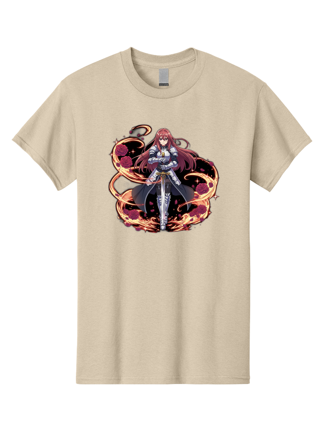 Red-Haired-Knight Men'S Graphic Tee, 100% Cotton, Comfortable Casual Summer Wear, Machine Washable, Female Knight, Long Red Hair, Silver Armor, Sword, Roses, Golden Swirls, Fantasy Art, Anime Style, Dark Roses, Medieval Warrior, Bac363