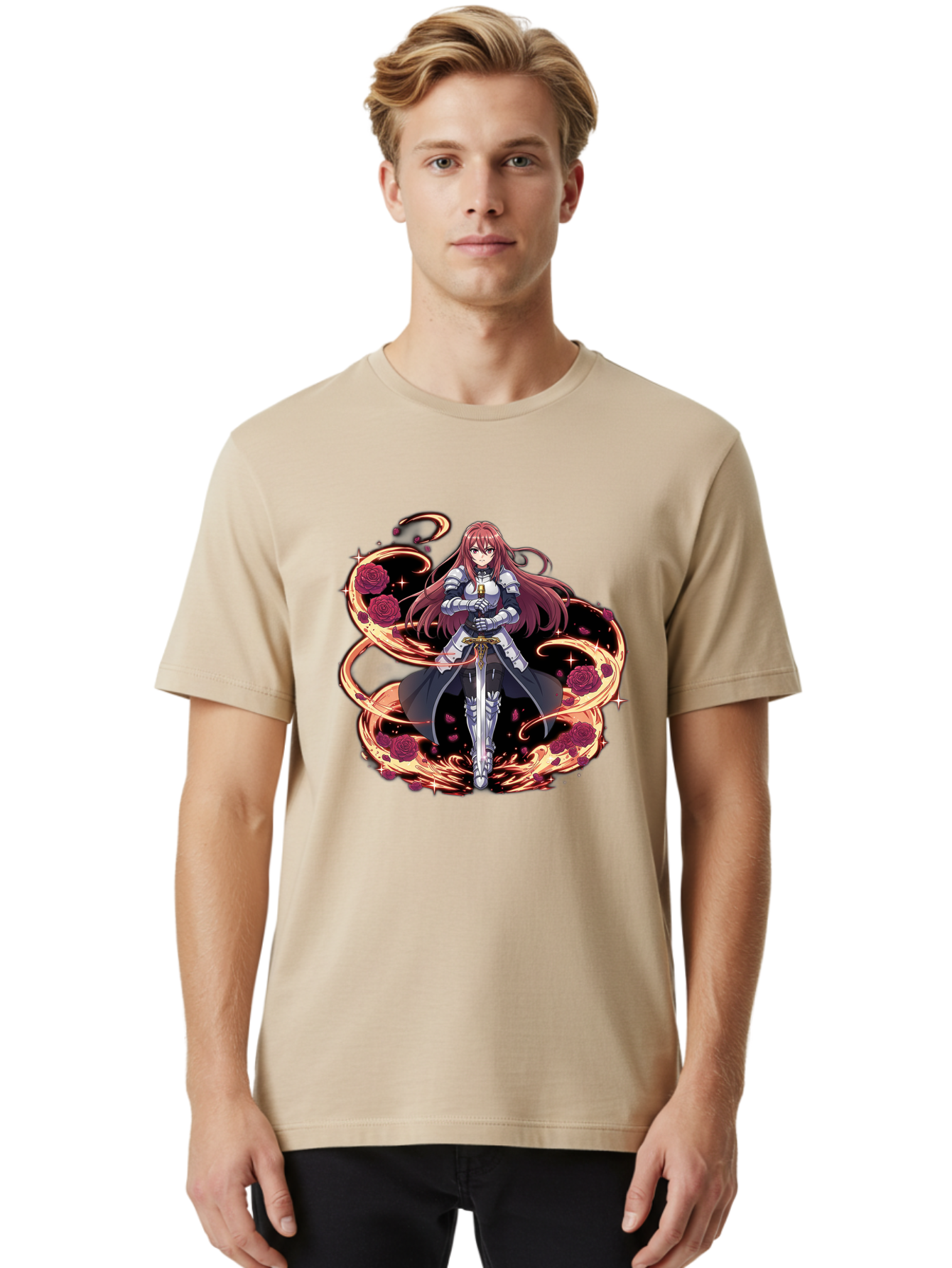 Red-Haired-Knight Men'S Graphic Tee, 100% Cotton, Comfortable Casual Summer Wear, Machine Washable, Female Knight, Long Red Hair, Silver Armor, Sword, Roses, Golden Swirls, Fantasy Art, Anime Style, Dark Roses, Medieval Warrior, Bac363