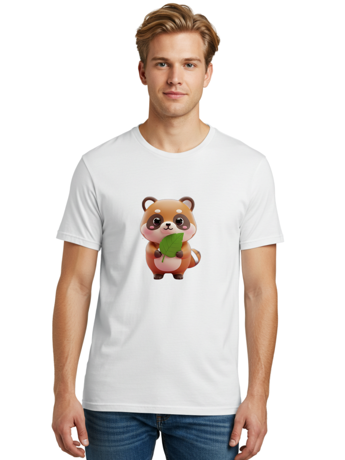 Red-Panda Men'S Graphic Tee, 100% Cotton, Comfortable Casual Summer Wear, Machine Washable, Cute Cartoon Red Panda, Kawaii Animal, Adorable Creature, Holding A Leaf, Cartoon Character, Red Panda Illustration, Kawaii Art, Digital Illustration, Bac364