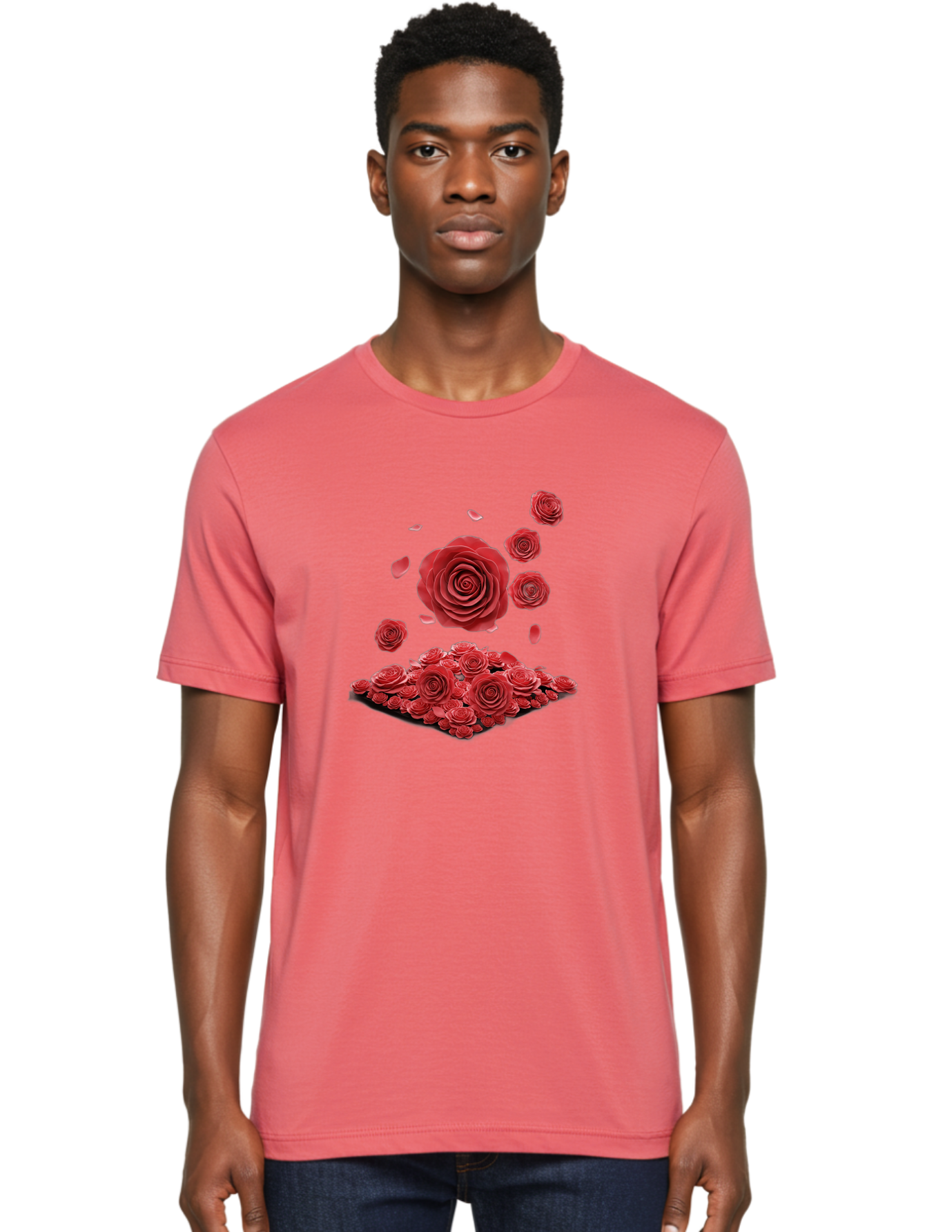 Red-Roses-1 Men'S Graphic Tee, 100% Cotton, Comfortable Casual Summer Wear, Machine Washable, Red Roses, Falling Flowers, Floral Arrangement, Rose Petals, Romantic Gesture, Love Symbol, Beautiful Blooms, Flower Power Bac365