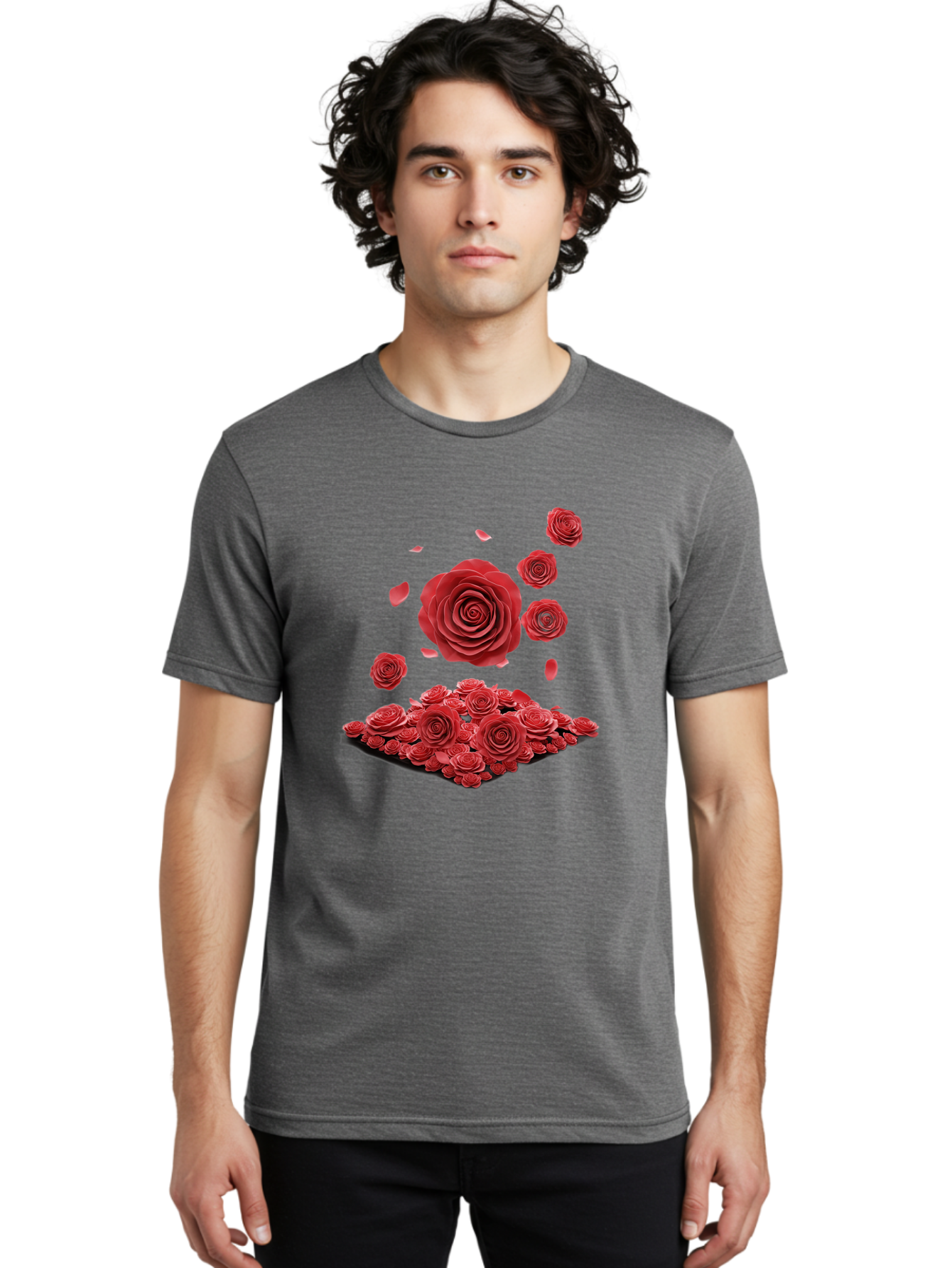 Red-Roses-1 Men'S Graphic Tee, 100% Cotton, Comfortable Casual Summer Wear, Machine Washable, Red Roses, Falling Flowers, Floral Arrangement, Rose Petals, Romantic Gesture, Love Symbol, Beautiful Blooms, Flower Power Bac365