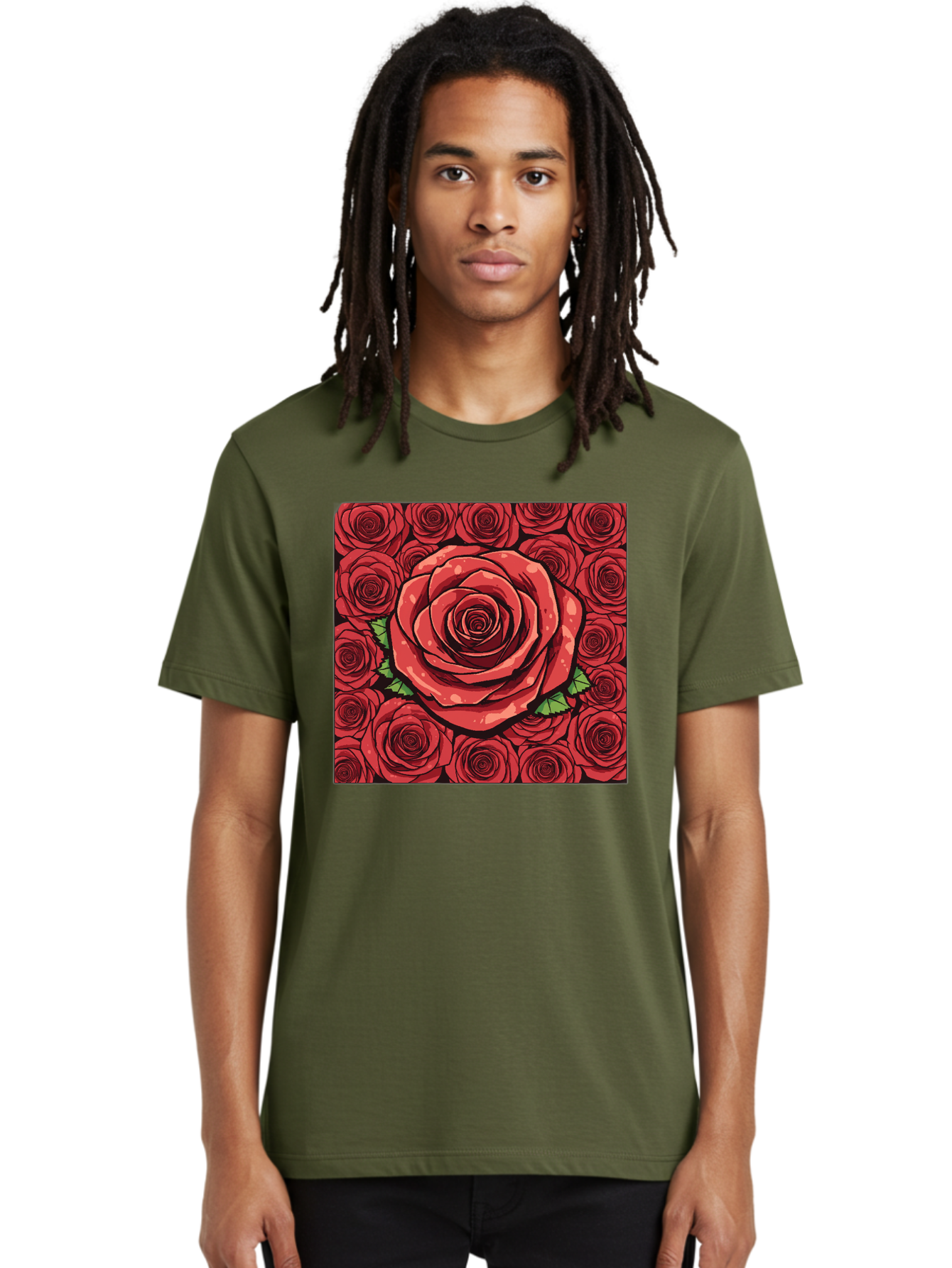 Red-Roses Men'S Graphic Tee, 100% Cotton, Comfortable Casual Summer Wear, Machine Washable, Red Roses, Floral Pattern, Love Symbol, Romance, Beauty, Flowers, Vibrant Petals, Green Leaves, Pop Art Design, Bold Graphics Bac366