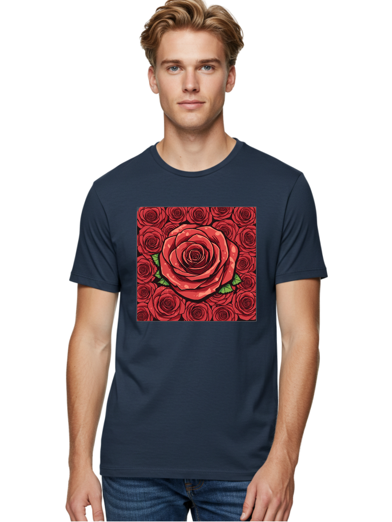 Red-Roses Men'S Graphic Tee, 100% Cotton, Comfortable Casual Summer Wear, Machine Washable, Red Roses, Floral Pattern, Love Symbol, Romance, Beauty, Flowers, Vibrant Petals, Green Leaves, Pop Art Design, Bold Graphics Bac366