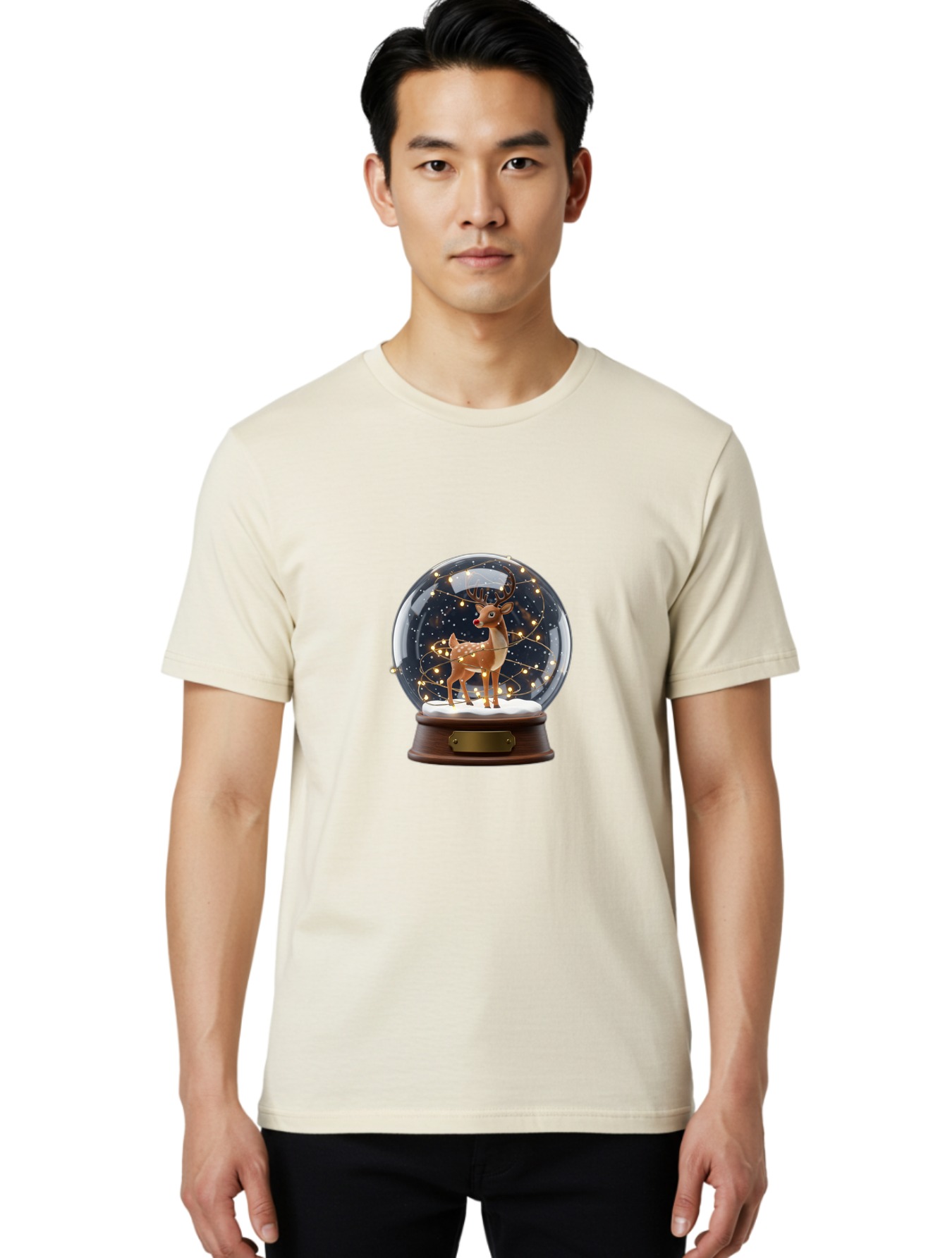 Reindeer-Snow-Globe Men'S Graphic Tee, 100% Cotton, Comfortable Casual Summer Wear, Machine Washable, Snow Globe With Reindeer And Fawn, Festive Holiday Decor, Magical Winter Scene, Glowing String Lights, Christmas Decoration, Bac368