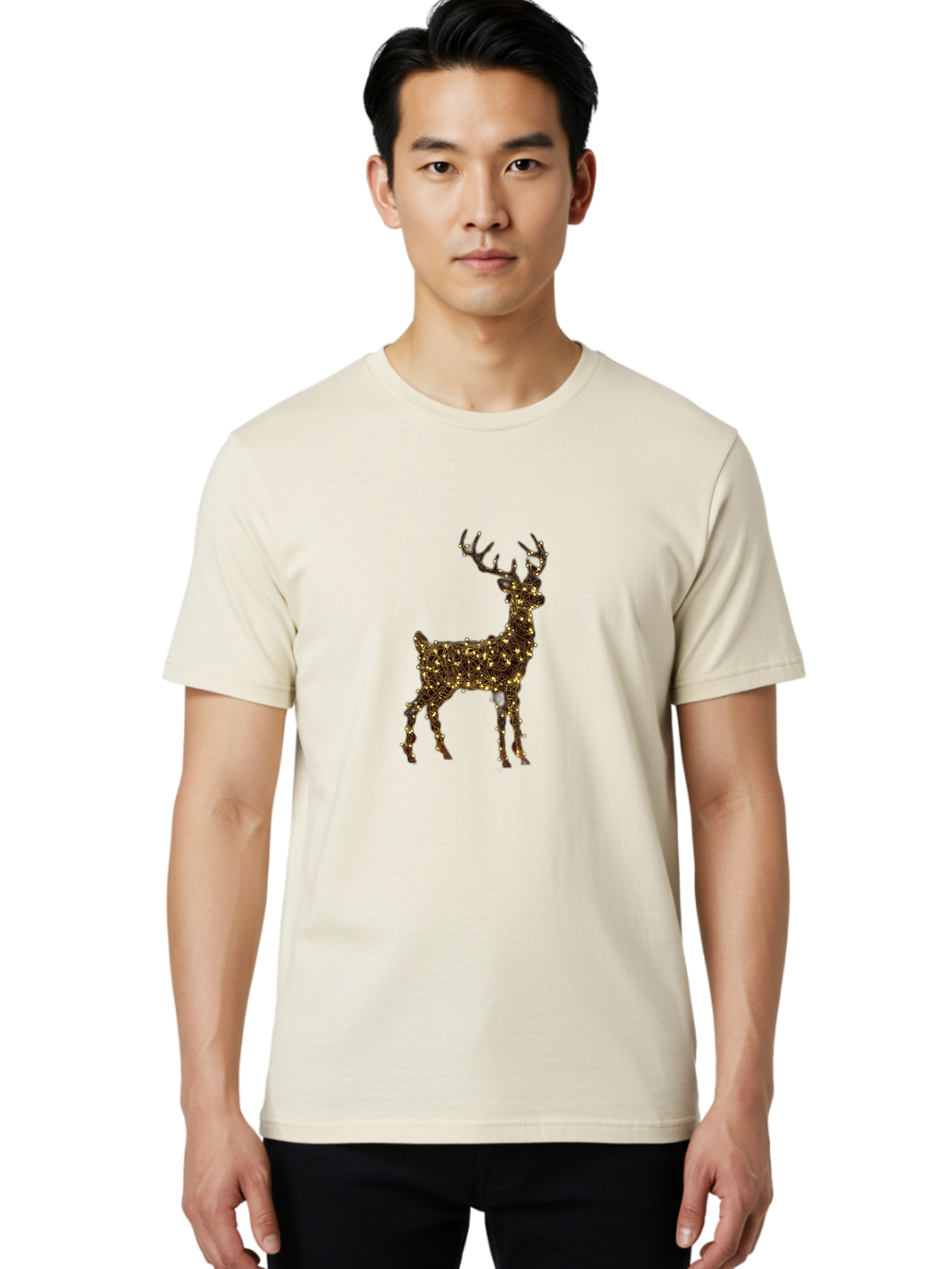 Reindeer Men'S Graphic Tee, 100% Cotton, Comfortable Casual Summer Wear, Machine Washable, Reindeer Decoration, Christmas Lights, Festive Decor, Holiday Display, Illuminated Reindeer, Christmas Reindeer, Winter Wonderland, Seasonal Decoration, Bac370
