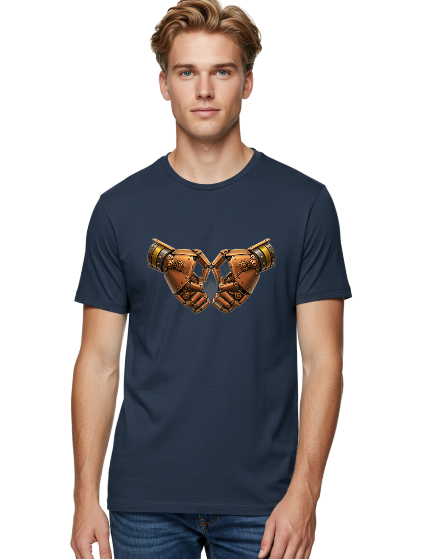 Robot-Hands Men'S Graphic Tee, 100% Cotton, Comfortable Casual Summer Wear, Machine Washable, Robotic Hands, Steampunk Design, Mechanical Fingers, Gear Details, Bronze Finish, Industrial Look, Futuristic, Robotic Love Bac374