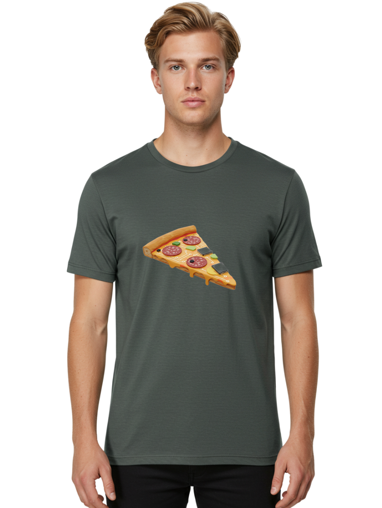 Robot-Pizza-Slice Men'S Graphic Tee, 100% Cotton, Comfortable Casual Summer Wear, Machine Washable, Pizza Slice With Circuit Board Toppings, Melted Cheese, Pepperoni, Green Capacitors, Wires, Electronic Components, Futuristic Food, Bac375