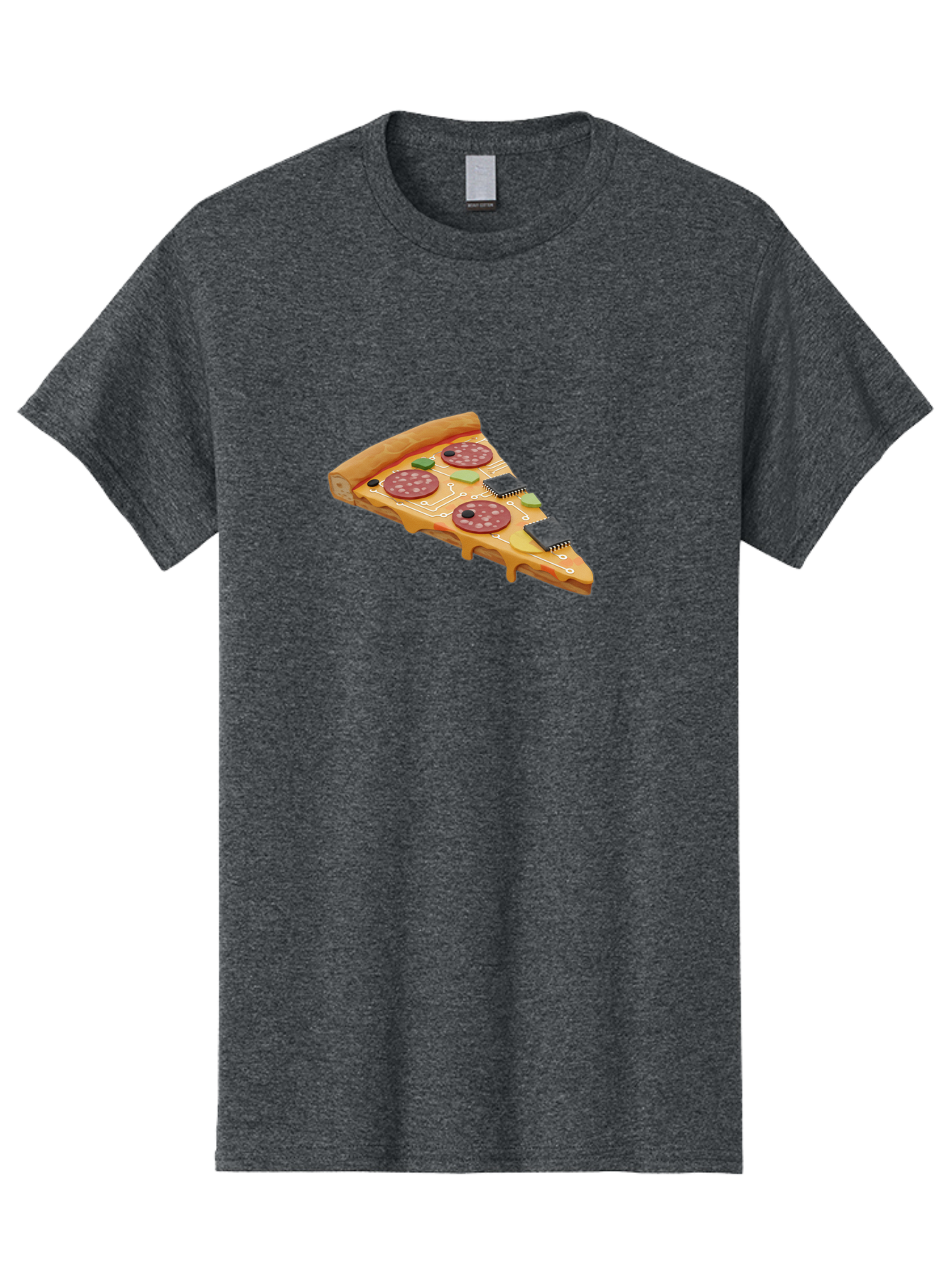 Robot-Pizza-Slice Men'S Graphic Tee, 100% Cotton, Comfortable Casual Summer Wear, Machine Washable, Pizza Slice With Circuit Board Toppings, Melted Cheese, Pepperoni, Green Capacitors, Wires, Electronic Components, Futuristic Food, Bac375
