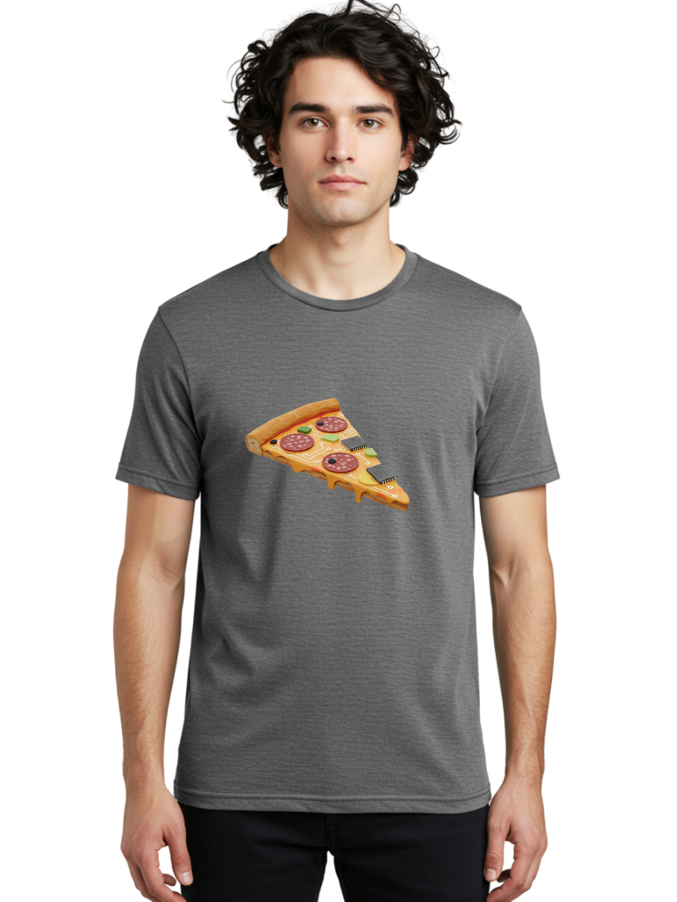 Robot-Pizza-Slice Men'S Graphic Tee, 100% Cotton, Comfortable Casual Summer Wear, Machine Washable, Pizza Slice With Circuit Board Toppings, Melted Cheese, Pepperoni, Green Capacitors, Wires, Electronic Components, Futuristic Food, Bac375