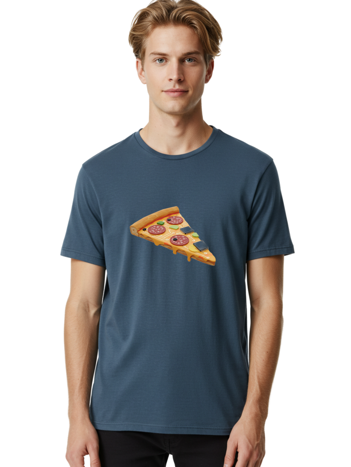 Robot-Pizza-Slice Men'S Graphic Tee, 100% Cotton, Comfortable Casual Summer Wear, Machine Washable, Pizza Slice With Circuit Board Toppings, Melted Cheese, Pepperoni, Green Capacitors, Wires, Electronic Components, Futuristic Food, Bac375