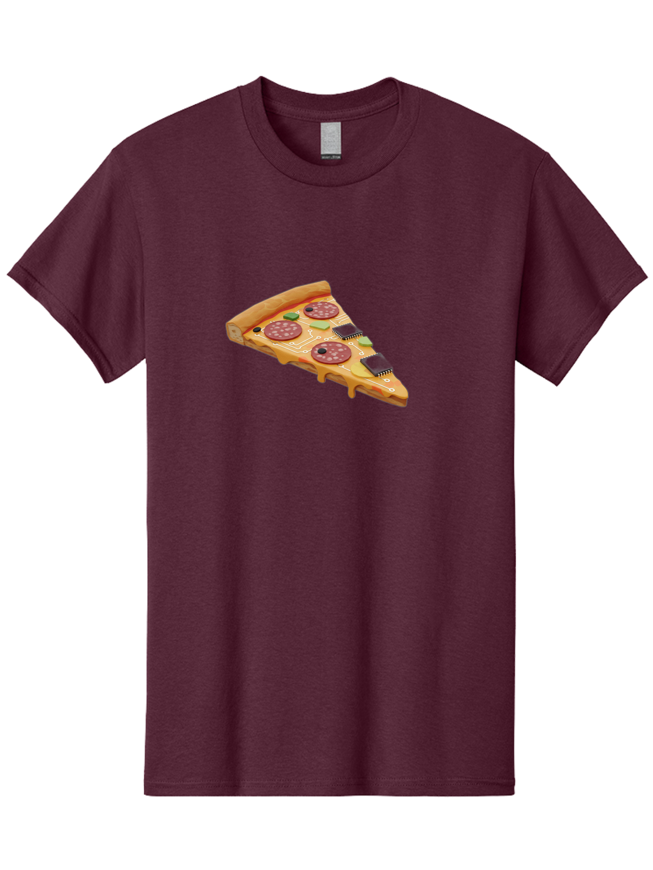 Robot-Pizza-Slice Men'S Graphic Tee, 100% Cotton, Comfortable Casual Summer Wear, Machine Washable, Pizza Slice With Circuit Board Toppings, Melted Cheese, Pepperoni, Green Capacitors, Wires, Electronic Components, Futuristic Food, Bac375