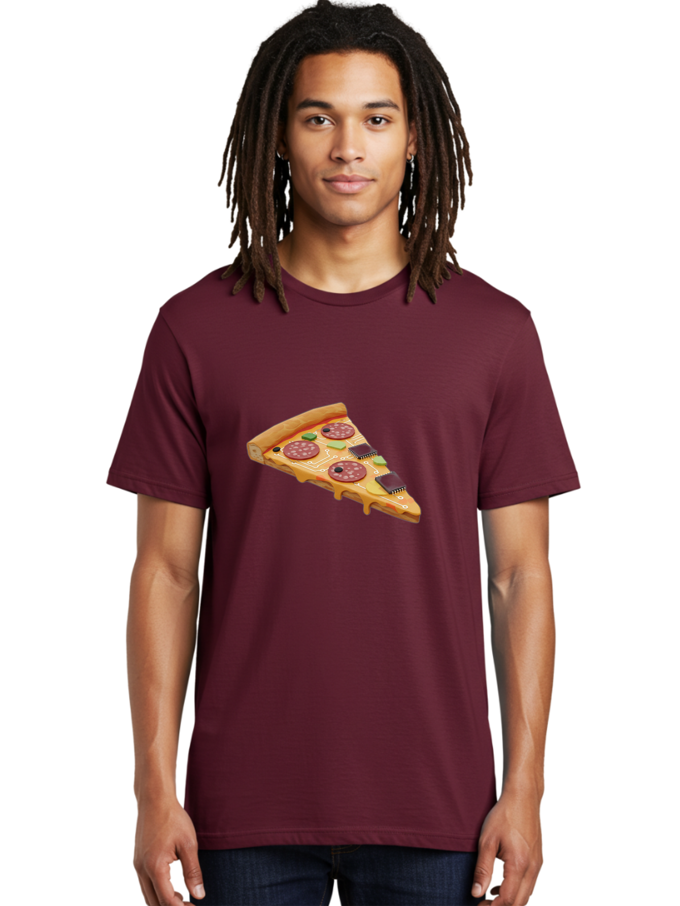 Robot-Pizza-Slice Men'S Graphic Tee, 100% Cotton, Comfortable Casual Summer Wear, Machine Washable, Pizza Slice With Circuit Board Toppings, Melted Cheese, Pepperoni, Green Capacitors, Wires, Electronic Components, Futuristic Food, Bac375