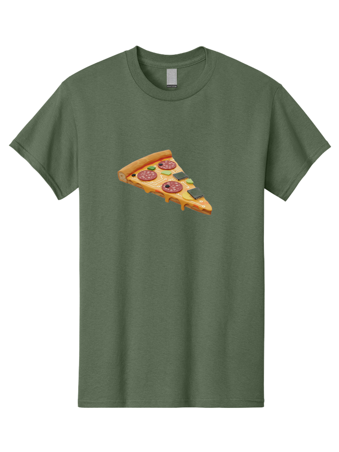 Robot-Pizza-Slice Men'S Graphic Tee, 100% Cotton, Comfortable Casual Summer Wear, Machine Washable, Pizza Slice With Circuit Board Toppings, Melted Cheese, Pepperoni, Green Capacitors, Wires, Electronic Components, Futuristic Food, Bac375