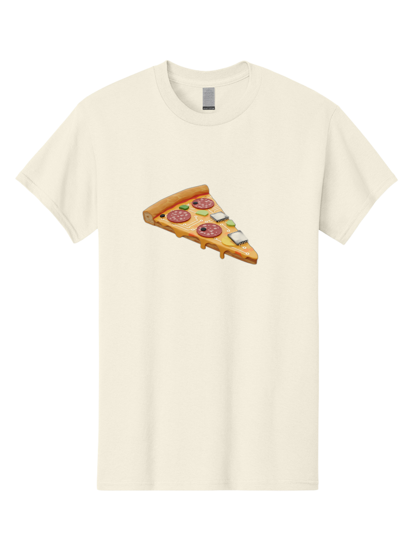 Robot-Pizza-Slice Men'S Graphic Tee, 100% Cotton, Comfortable Casual Summer Wear, Machine Washable, Pizza Slice With Circuit Board Toppings, Melted Cheese, Pepperoni, Green Capacitors, Wires, Electronic Components, Futuristic Food, Bac375