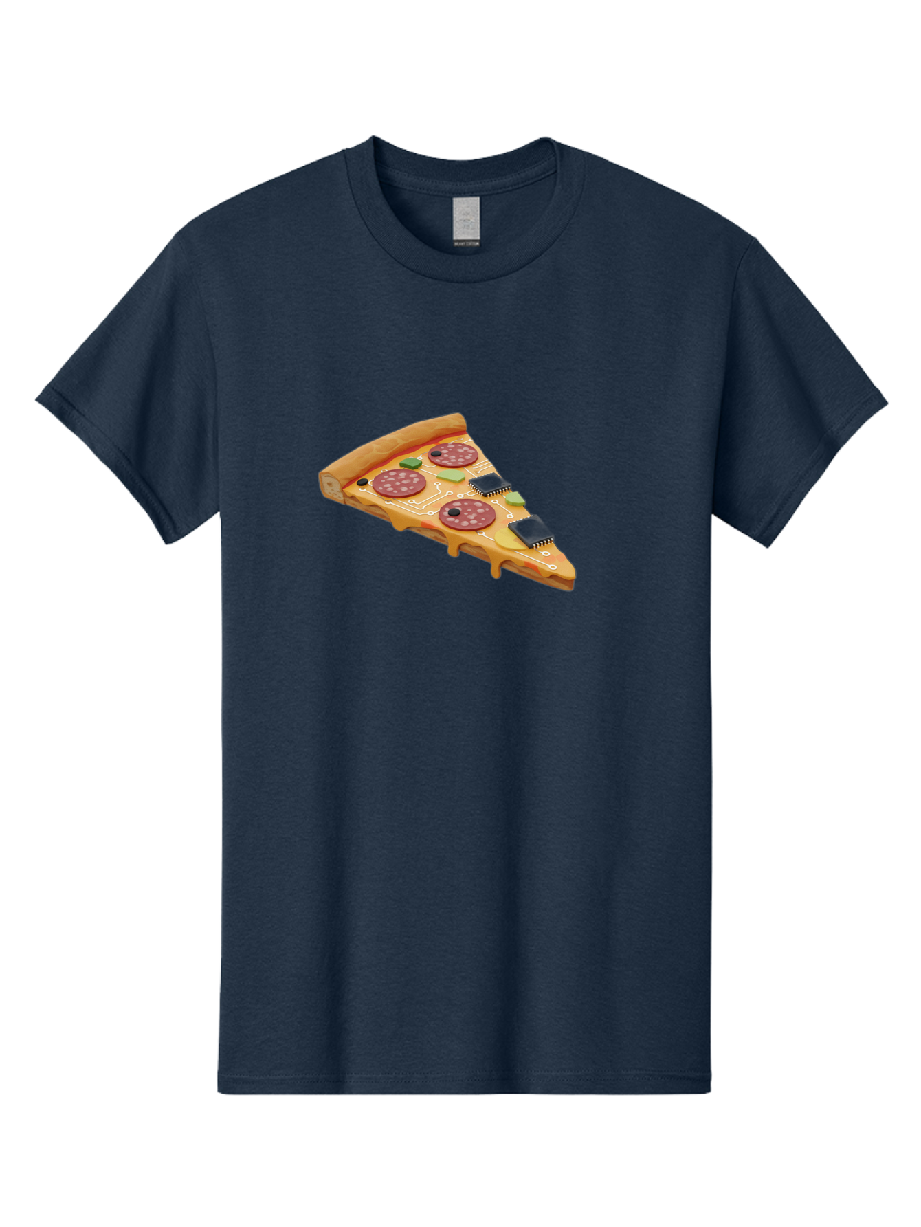 Robot-Pizza-Slice Men'S Graphic Tee, 100% Cotton, Comfortable Casual Summer Wear, Machine Washable, Pizza Slice With Circuit Board Toppings, Melted Cheese, Pepperoni, Green Capacitors, Wires, Electronic Components, Futuristic Food, Bac375