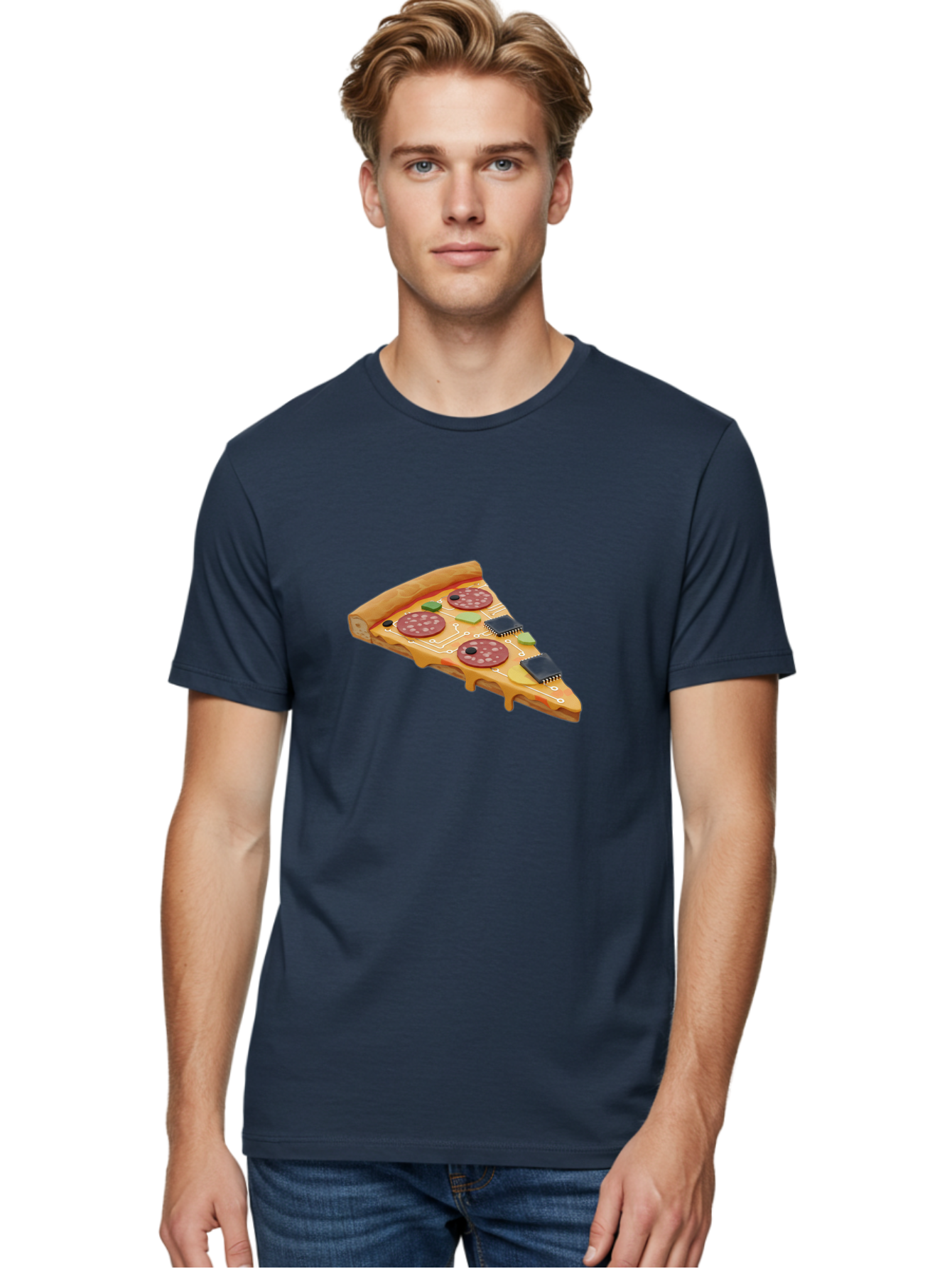 Robot-Pizza-Slice Men'S Graphic Tee, 100% Cotton, Comfortable Casual Summer Wear, Machine Washable, Pizza Slice With Circuit Board Toppings, Melted Cheese, Pepperoni, Green Capacitors, Wires, Electronic Components, Futuristic Food, Bac375