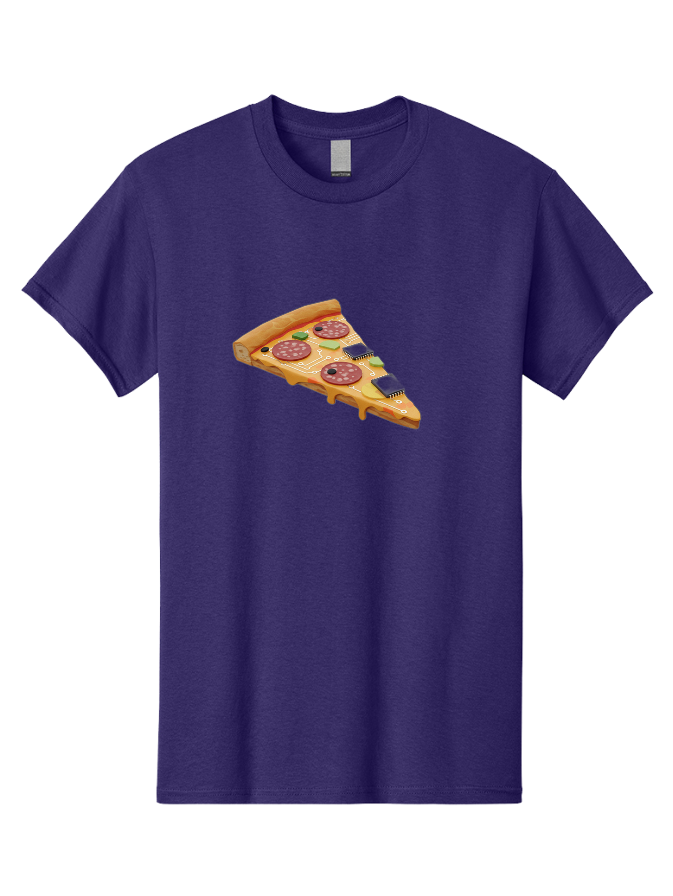 Robot-Pizza-Slice Men'S Graphic Tee, 100% Cotton, Comfortable Casual Summer Wear, Machine Washable, Pizza Slice With Circuit Board Toppings, Melted Cheese, Pepperoni, Green Capacitors, Wires, Electronic Components, Futuristic Food, Bac375