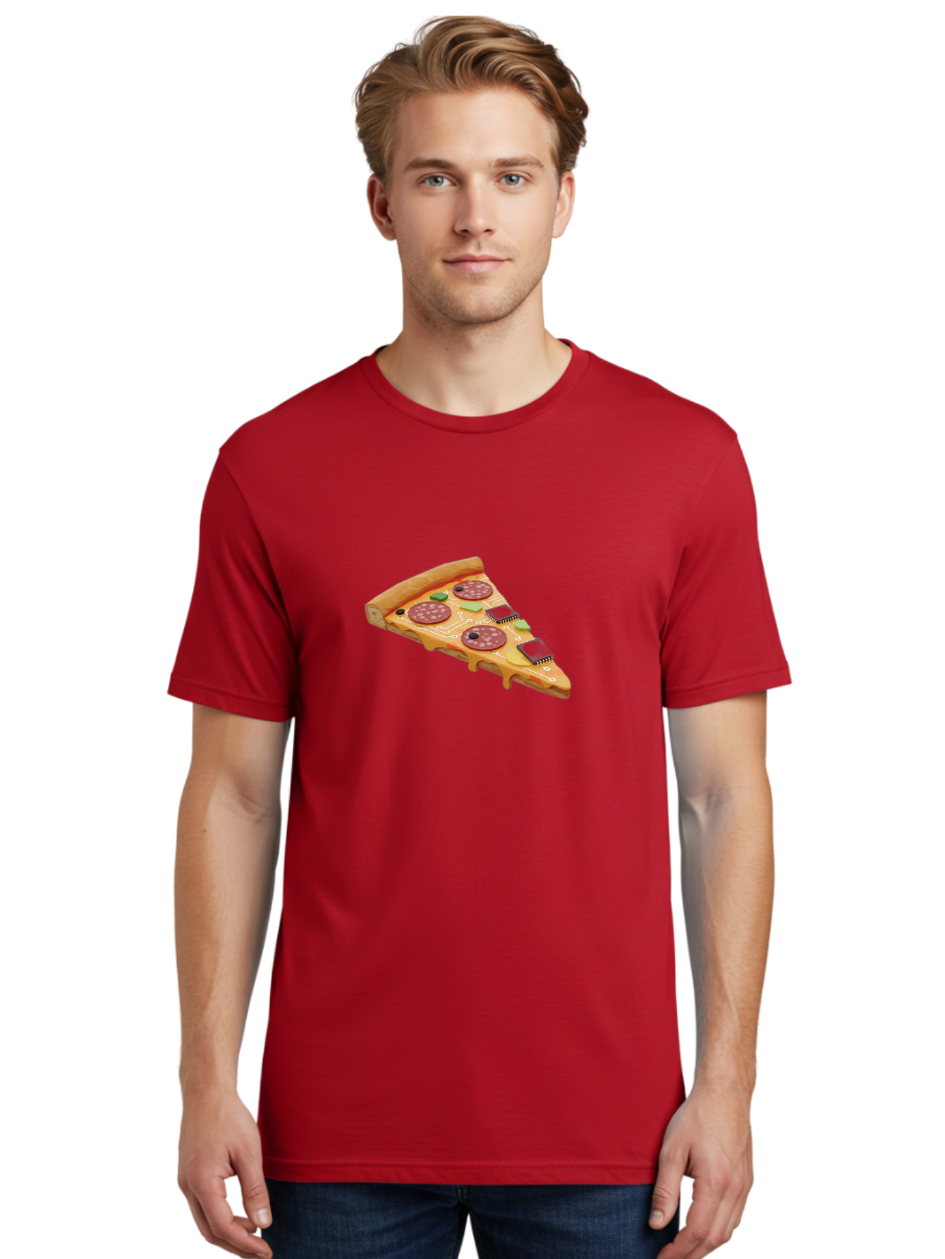 Robot-Pizza-Slice Men'S Graphic Tee, 100% Cotton, Comfortable Casual Summer Wear, Machine Washable, Pizza Slice With Circuit Board Toppings, Melted Cheese, Pepperoni, Green Capacitors, Wires, Electronic Components, Futuristic Food, Bac375