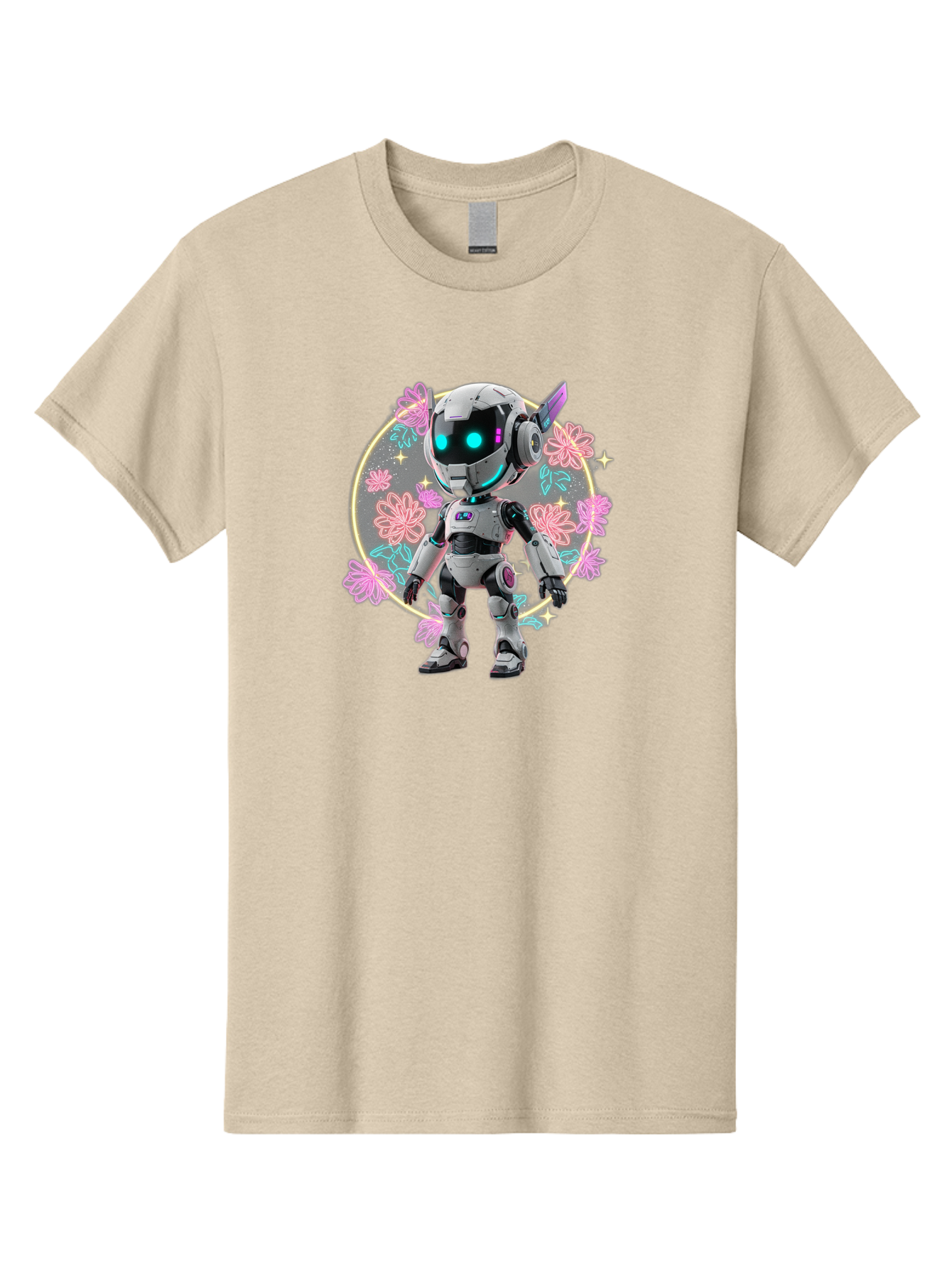 Robot-Surrounded-By-Flowers Men'S Graphic Tee, 100% Cotton, Comfortable Casual Summer Wear, Machine Washable, Futuristic Robot, Robotic Character, Artificial Intelligence, Neon Lights, Metallic Body, Glowing Blue Eyes, Floral Decorations, Bac376