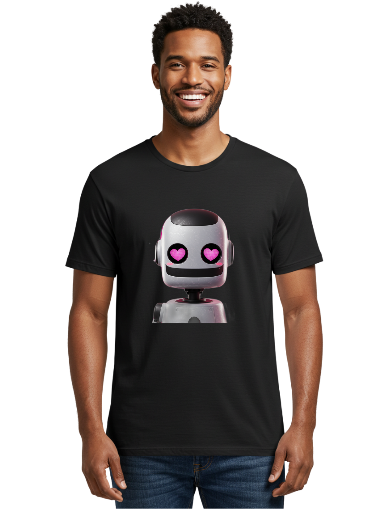 Robot-With-Heart-Eyes Men'S Graphic Tee, 100% Cotton, Comfortable Casual Summer Wear, Machine Washable, Robot With Heart Eyes, Cute Robot, Artificial Intelligence, Machine Learning, Friendly Robot, Silver Robot, Pink Heart Eyes, Robotic Face, Bac377