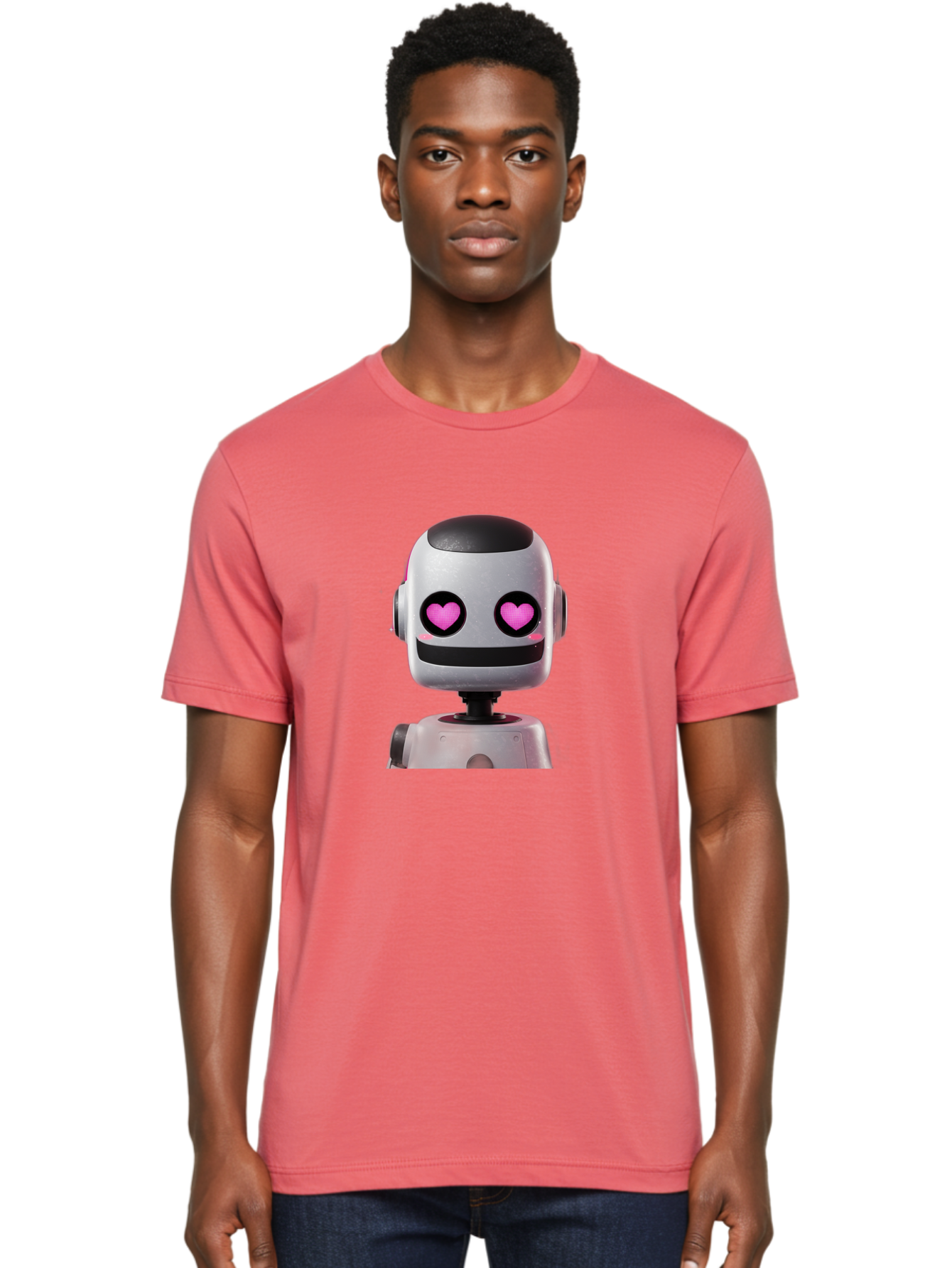 Robot-With-Heart-Eyes Men'S Graphic Tee, 100% Cotton, Comfortable Casual Summer Wear, Machine Washable, Robot With Heart Eyes, Cute Robot, Artificial Intelligence, Machine Learning, Friendly Robot, Silver Robot, Pink Heart Eyes, Robotic Face, Bac377