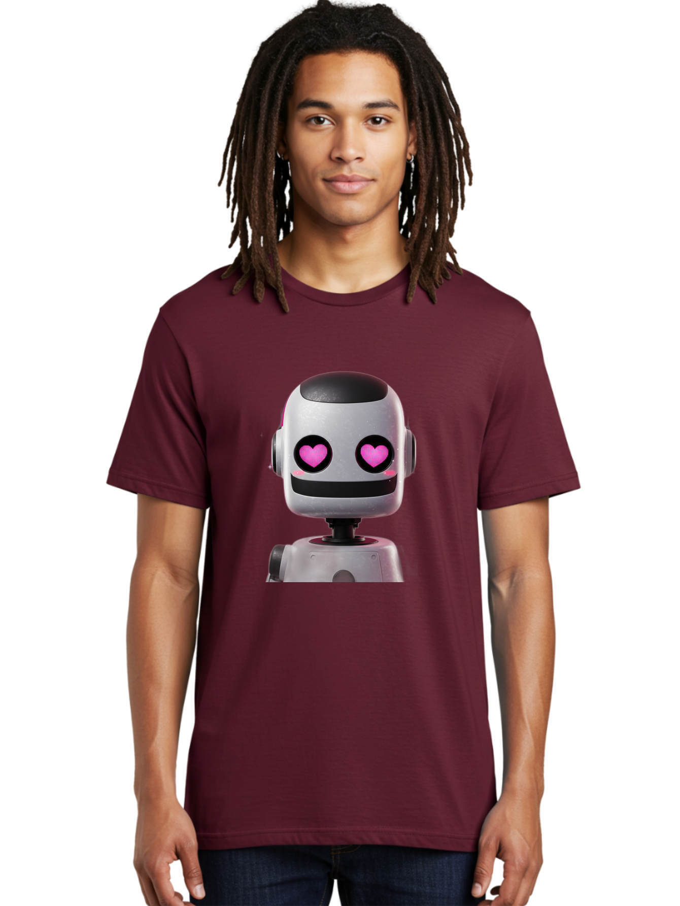 Robot-With-Heart-Eyes Men'S Graphic Tee, 100% Cotton, Comfortable Casual Summer Wear, Machine Washable, Robot With Heart Eyes, Cute Robot, Artificial Intelligence, Machine Learning, Friendly Robot, Silver Robot, Pink Heart Eyes, Robotic Face, Bac377