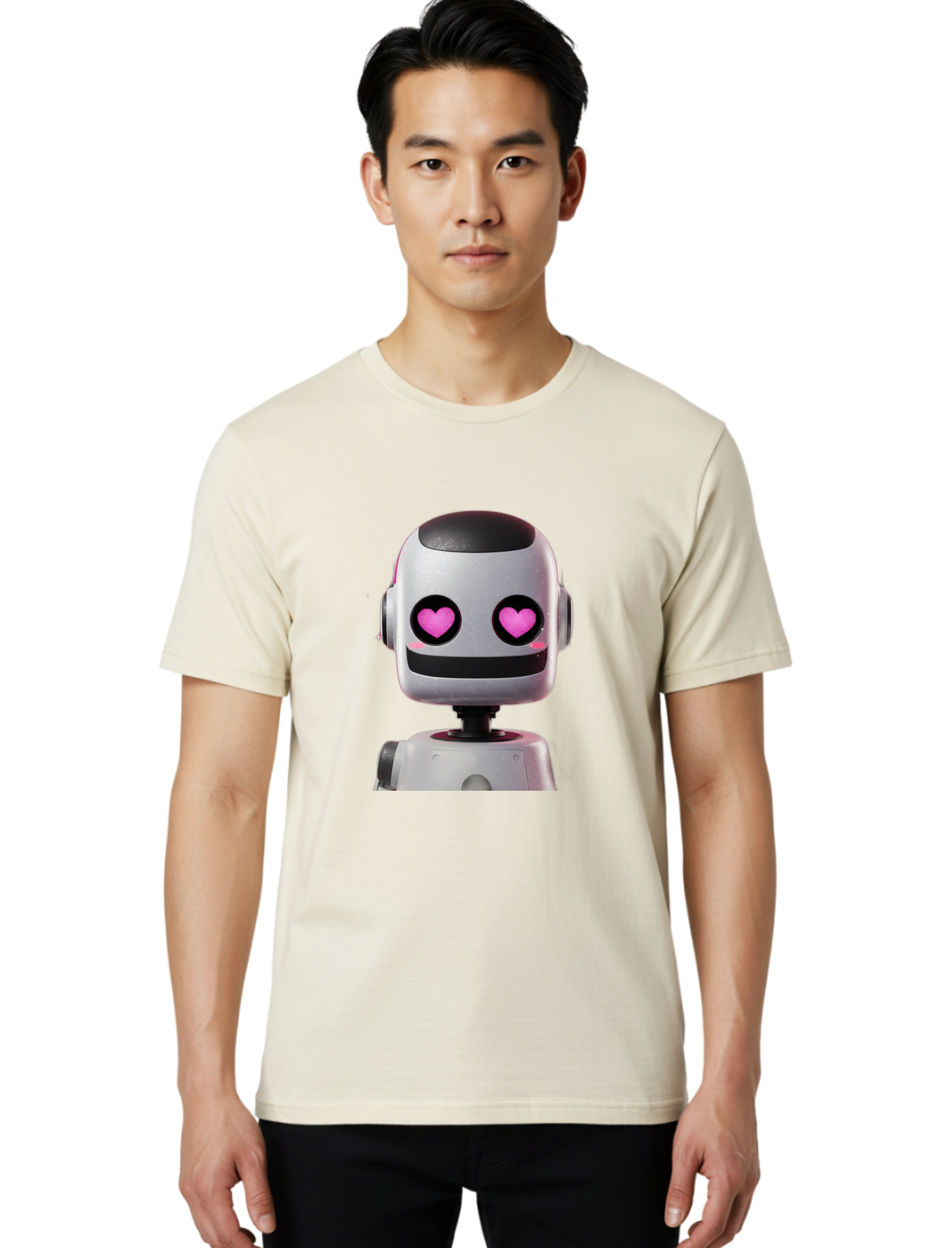 Robot-With-Heart-Eyes Men'S Graphic Tee, 100% Cotton, Comfortable Casual Summer Wear, Machine Washable, Robot With Heart Eyes, Cute Robot, Artificial Intelligence, Machine Learning, Friendly Robot, Silver Robot, Pink Heart Eyes, Robotic Face, Bac377