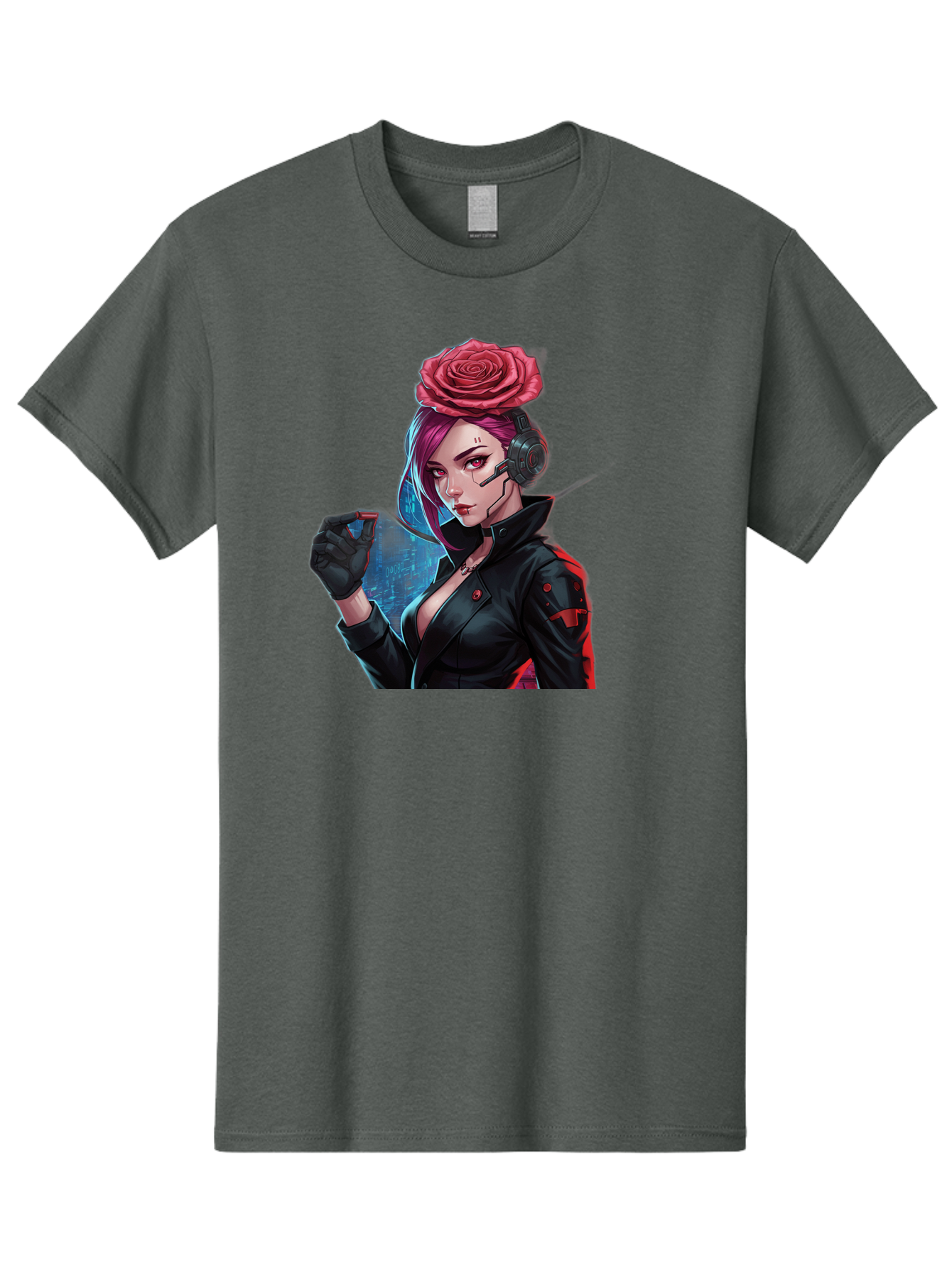 Rose-Girl Men'S Graphic Tee, 100% Cotton, Comfortable Casual Summer Wear, Machine Washable, Pink Hair, Red Rose, Black Leather Jacket, Cyberpunk Style, Futuristic Fashion, Gaming Character, League Of Legends, Esports, K/Da Akali Bac378