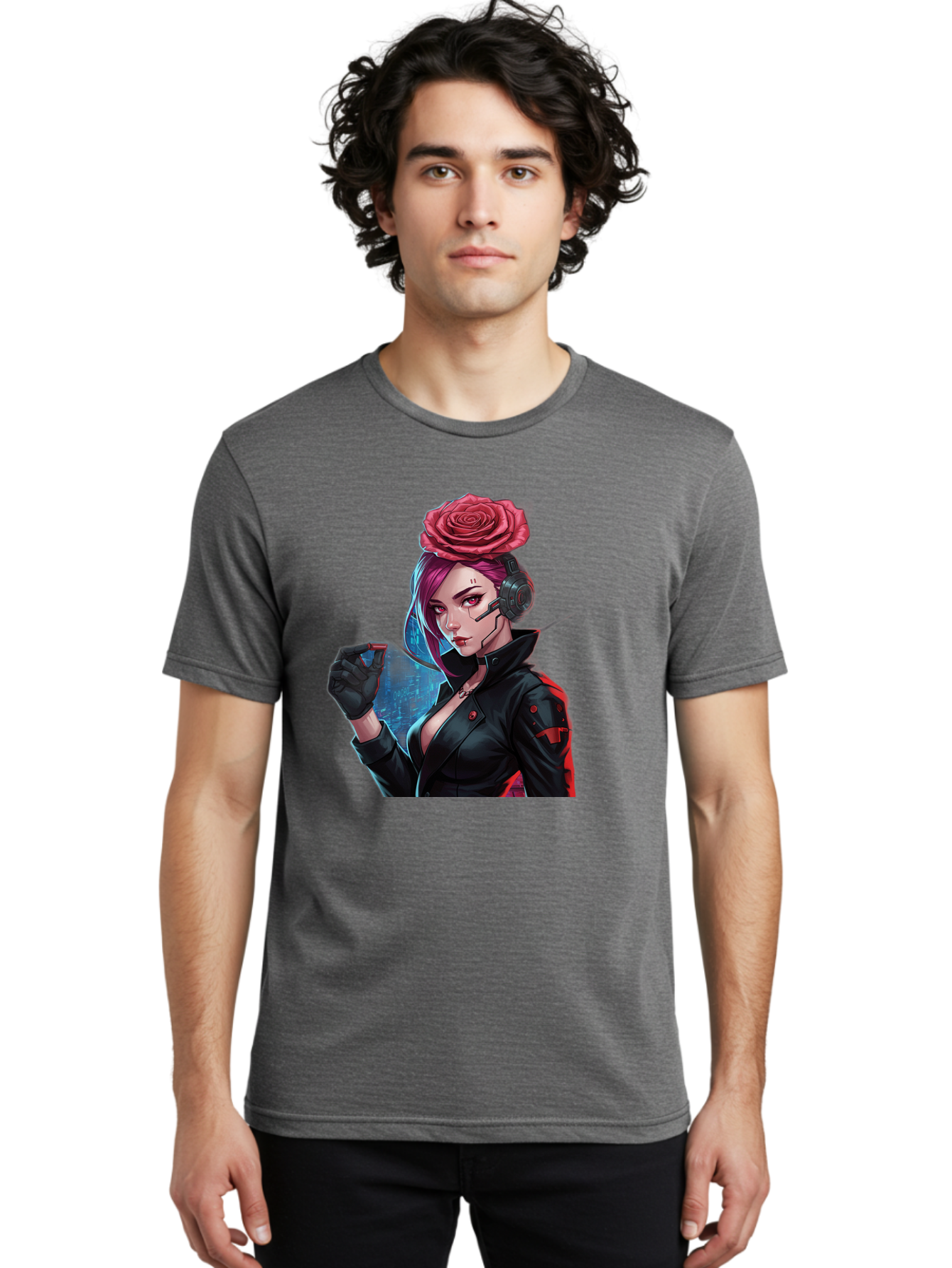 Rose-Girl Men'S Graphic Tee, 100% Cotton, Comfortable Casual Summer Wear, Machine Washable, Pink Hair, Red Rose, Black Leather Jacket, Cyberpunk Style, Futuristic Fashion, Gaming Character, League Of Legends, Esports, K/Da Akali Bac378
